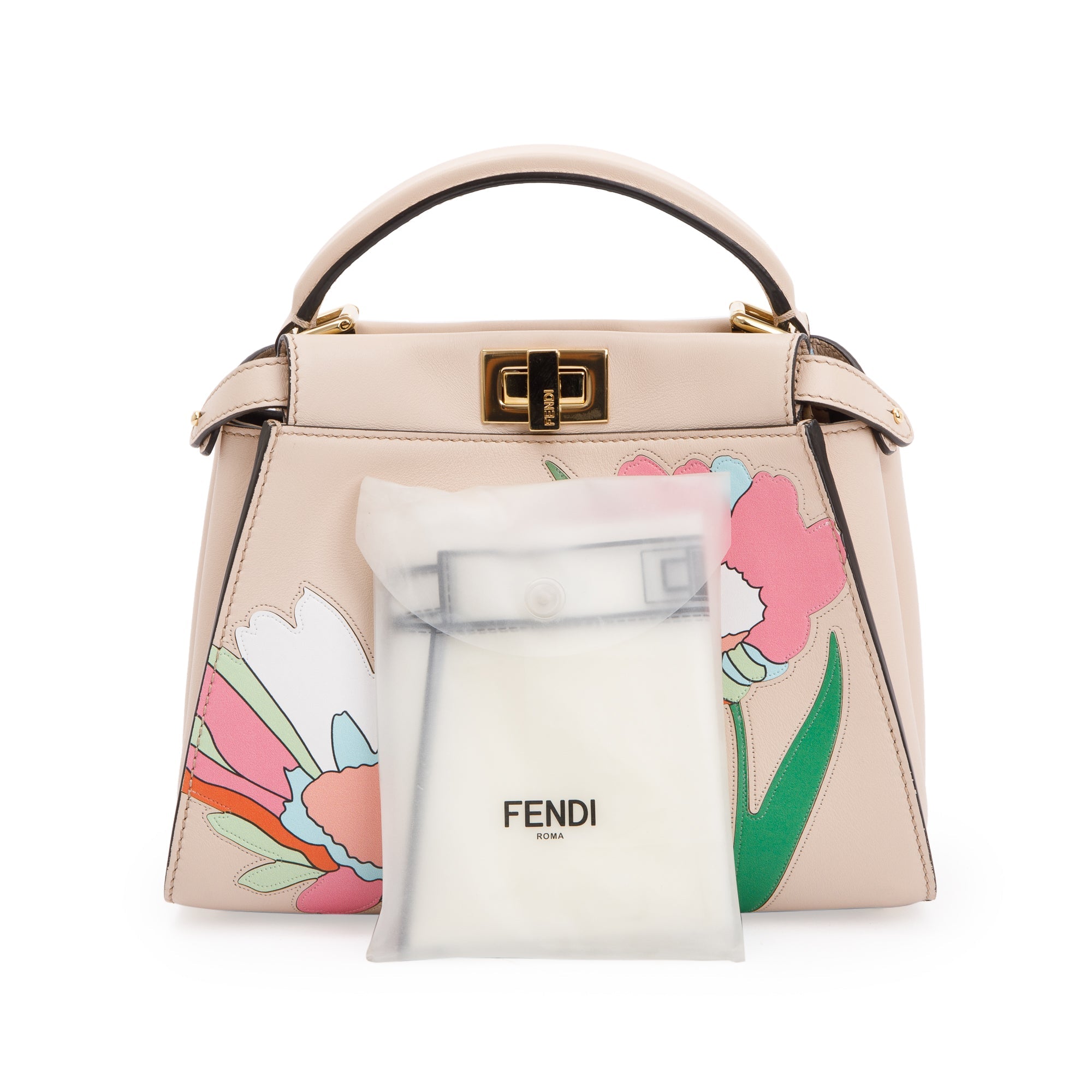 Fendi Neutral Calfskin Leather Floral Inlay Mini Peekaboo Bag w/ Strap