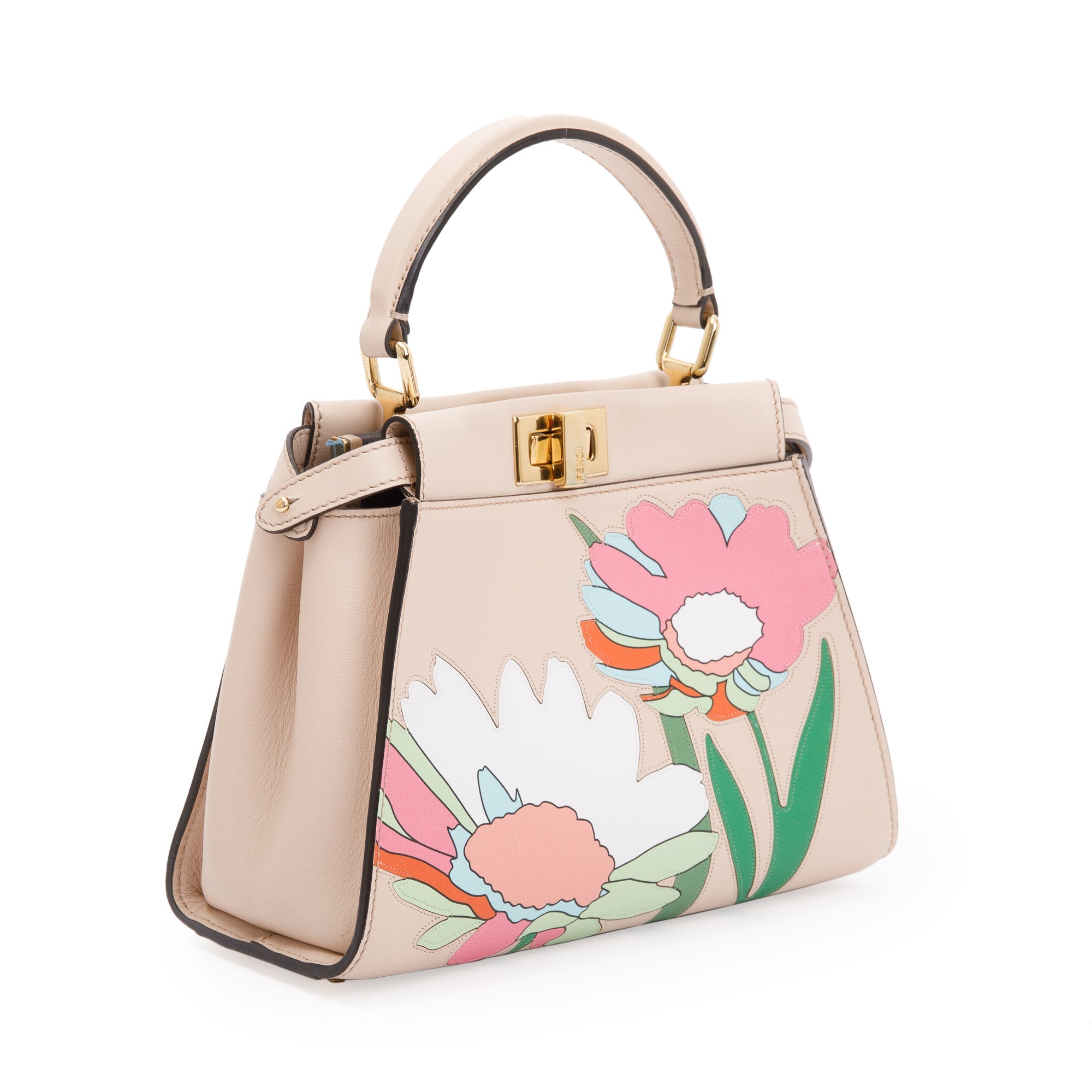 Fendi Neutral Calfskin Leather Floral Inlay Mini Peekaboo Bag w/ Strap