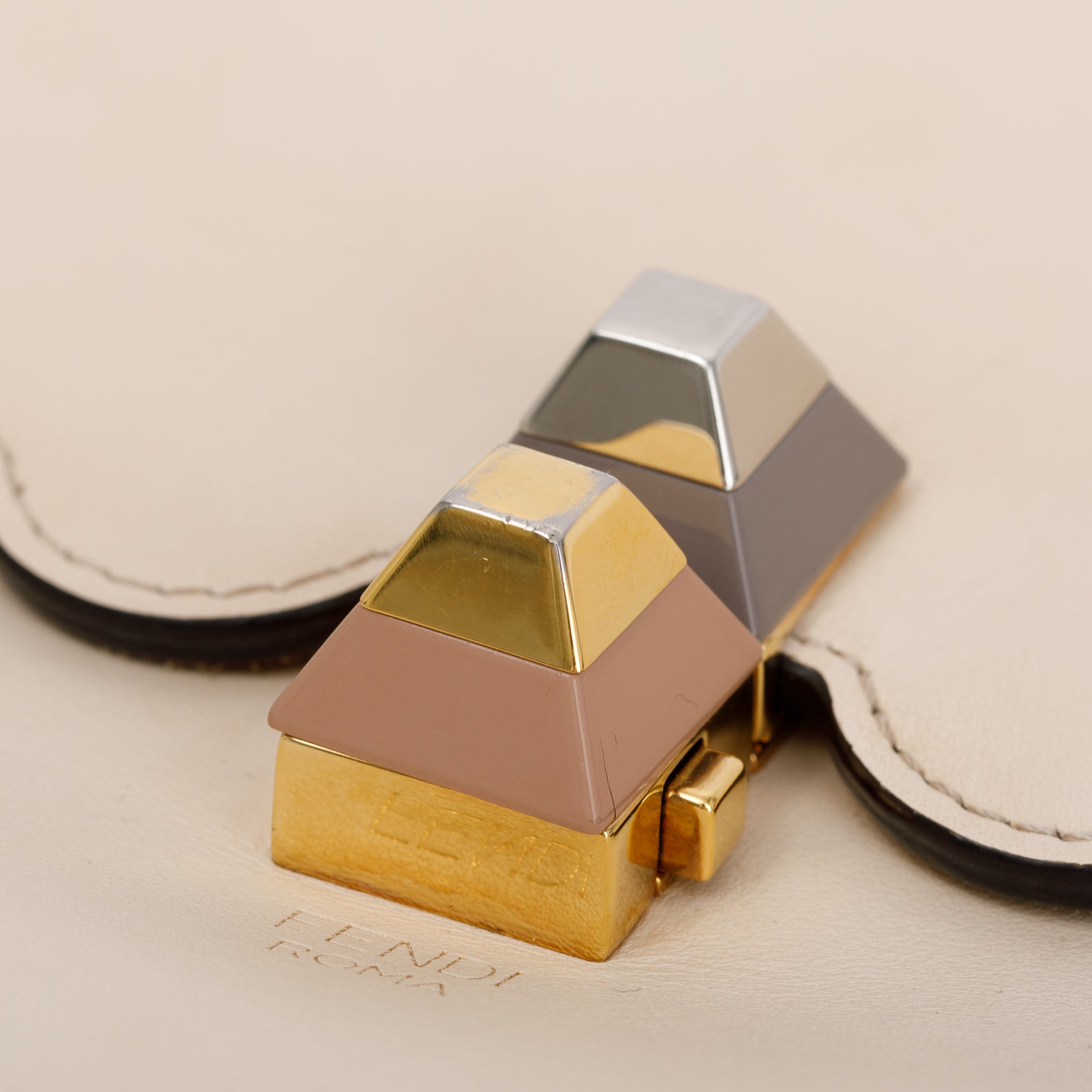 Fendi Neutral Calfskin Leather Scalloped Studded Kan I Shoulder Bag