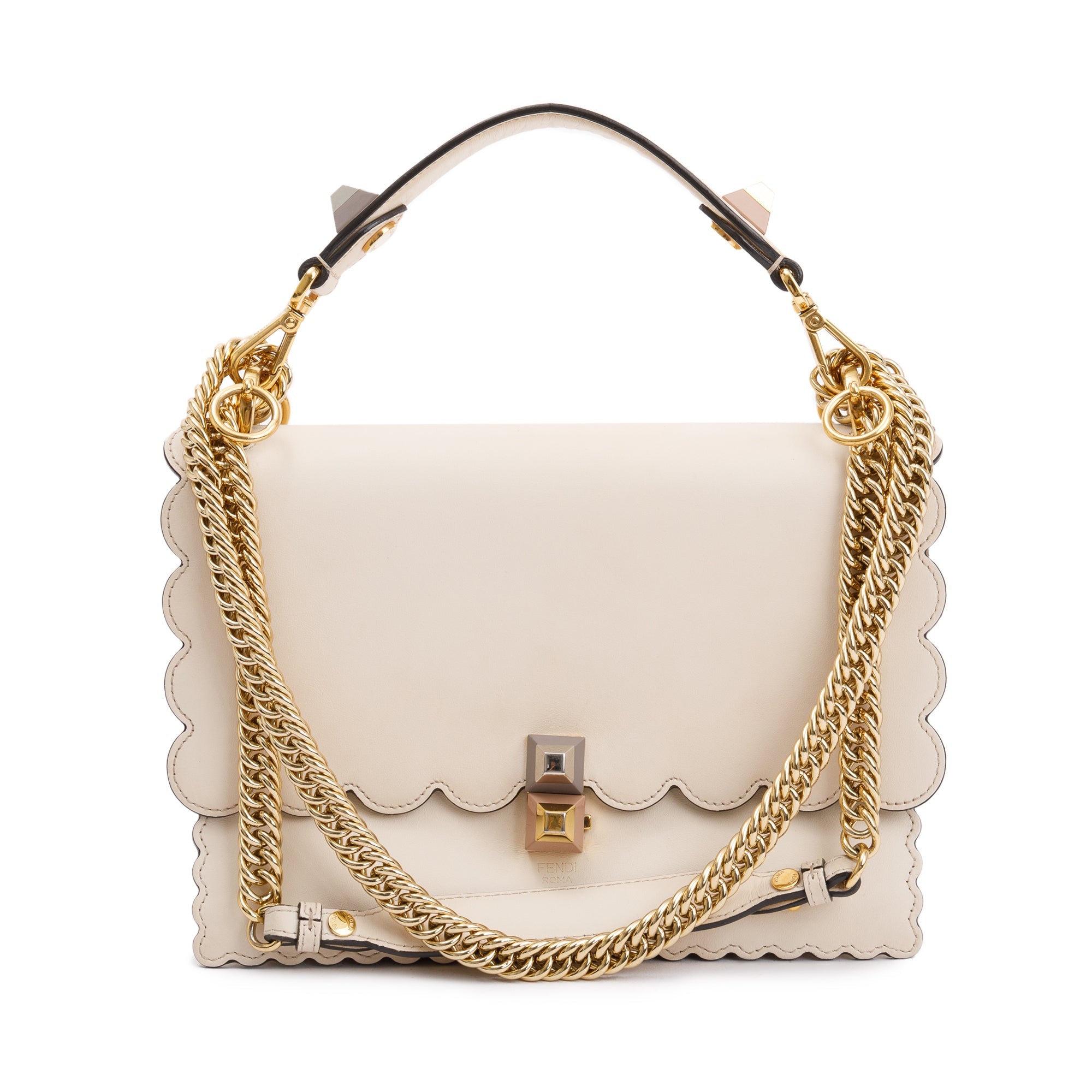 Fendi Neutral Calfskin Leather Scalloped Studded Kan I Shoulder Bag