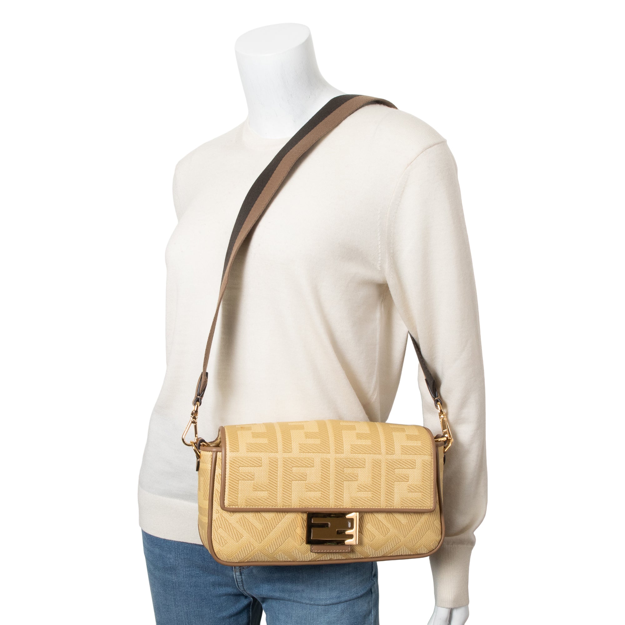 Fendi Neutral FF Raffia Baguette Shoulder Bag w/ Strap