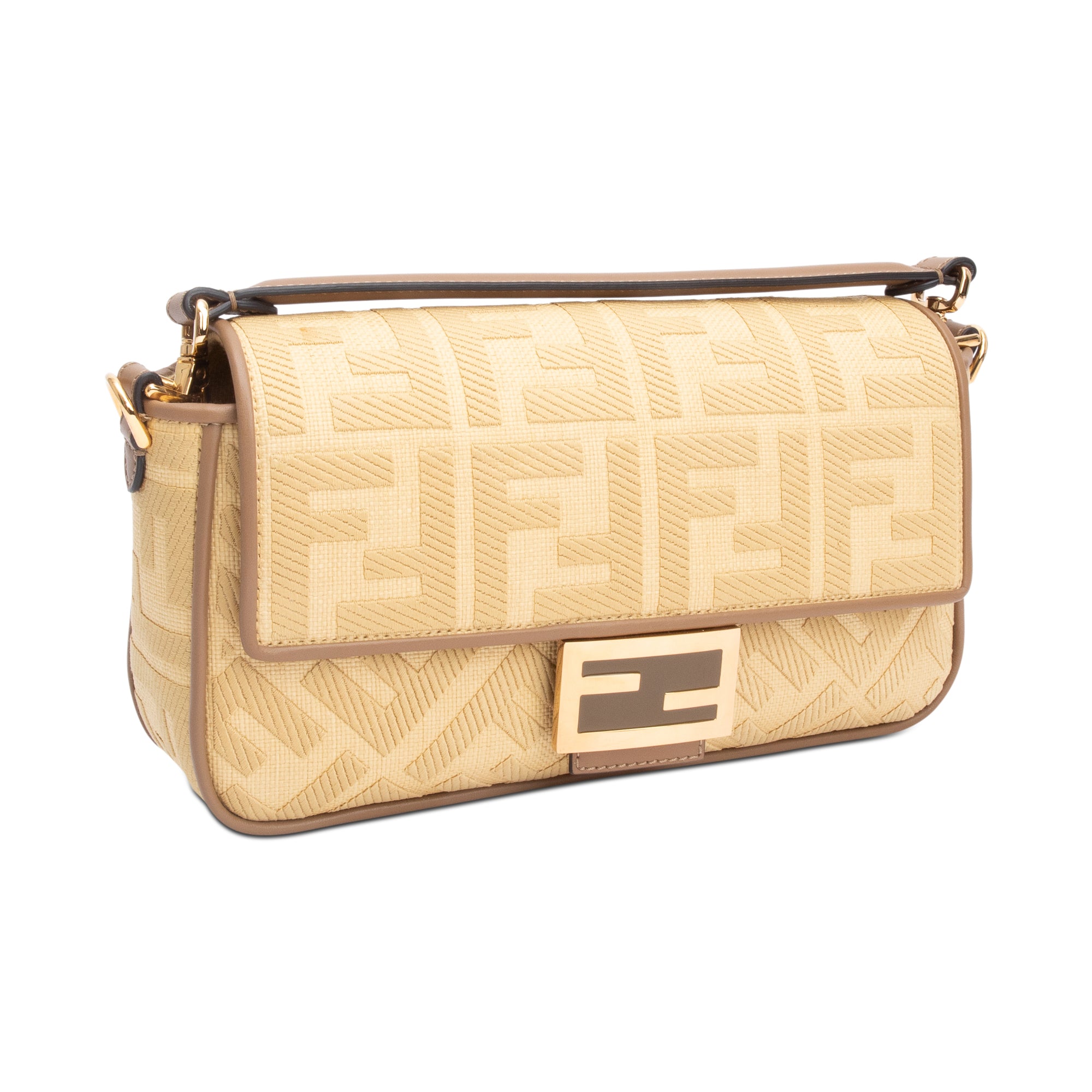 Fendi Neutral FF Raffia Baguette Shoulder Bag w/ Strap