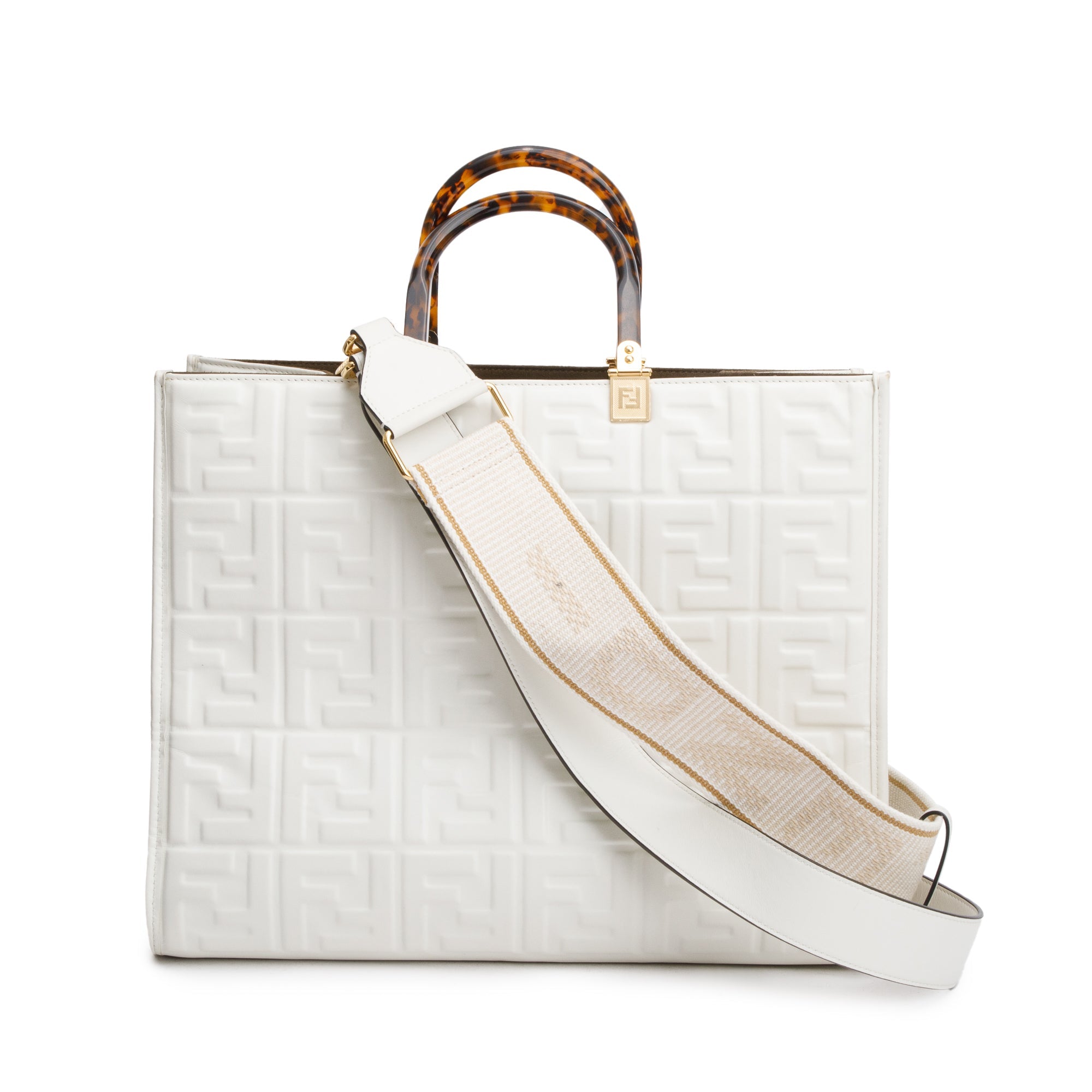 Fendi Off White Zucca FF Leather Medium Sunshine Tote Bag
