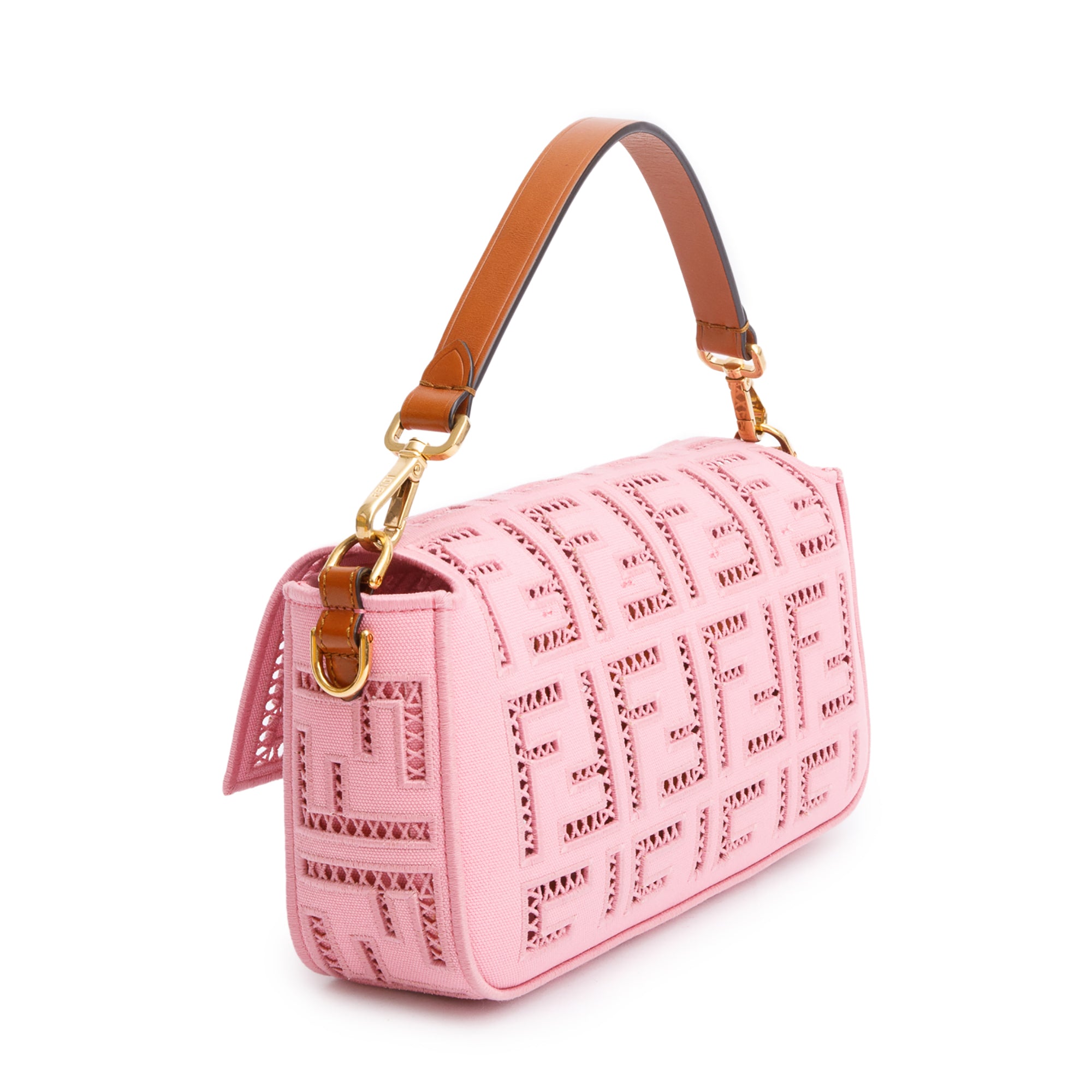 Fendi Pink FF Openwork Embroidered Canvas Medium Baguette Shoulder Bag w/ Straps & Box