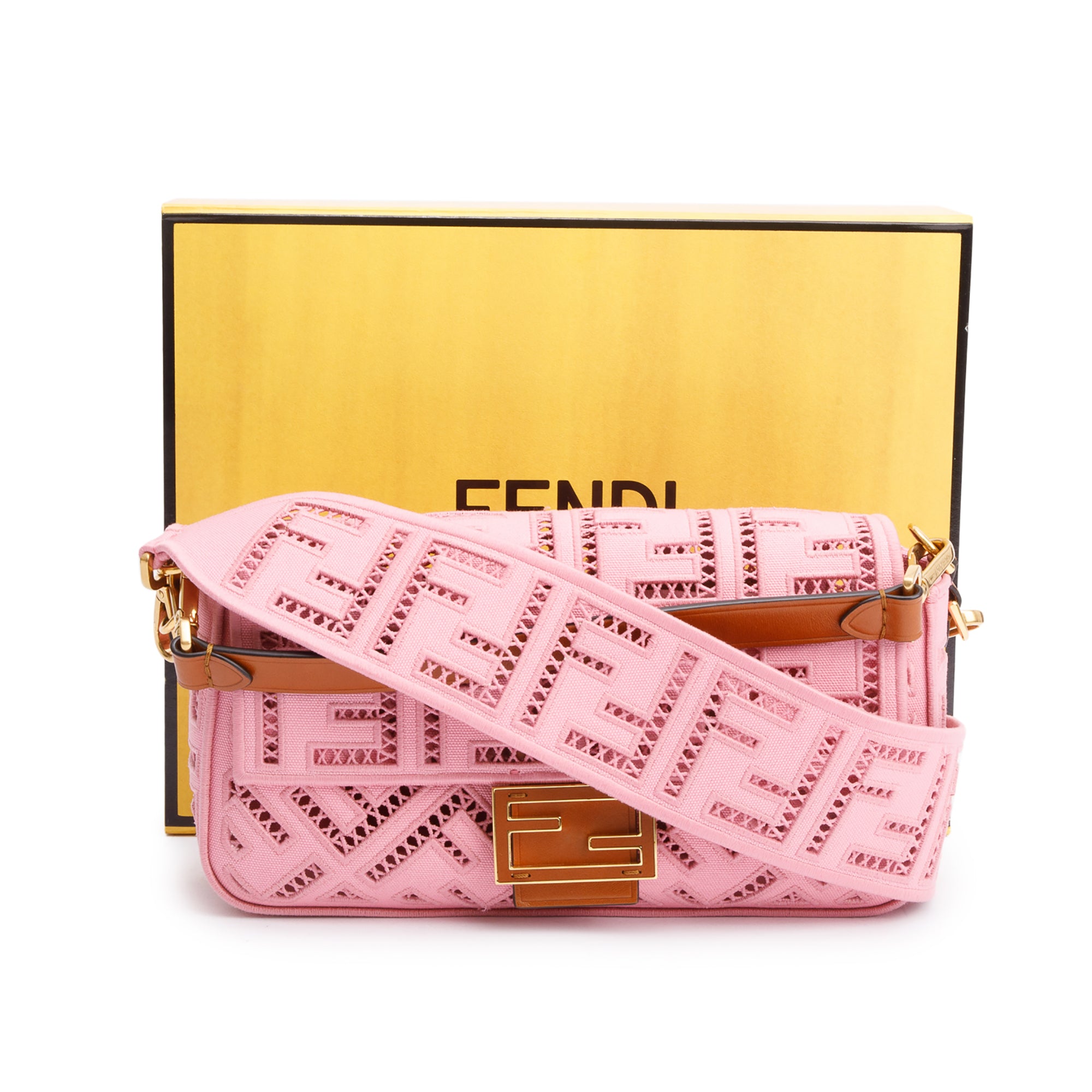 Fendi Pink FF Openwork Embroidered Canvas Medium Baguette Shoulder Bag w/ Straps & Box