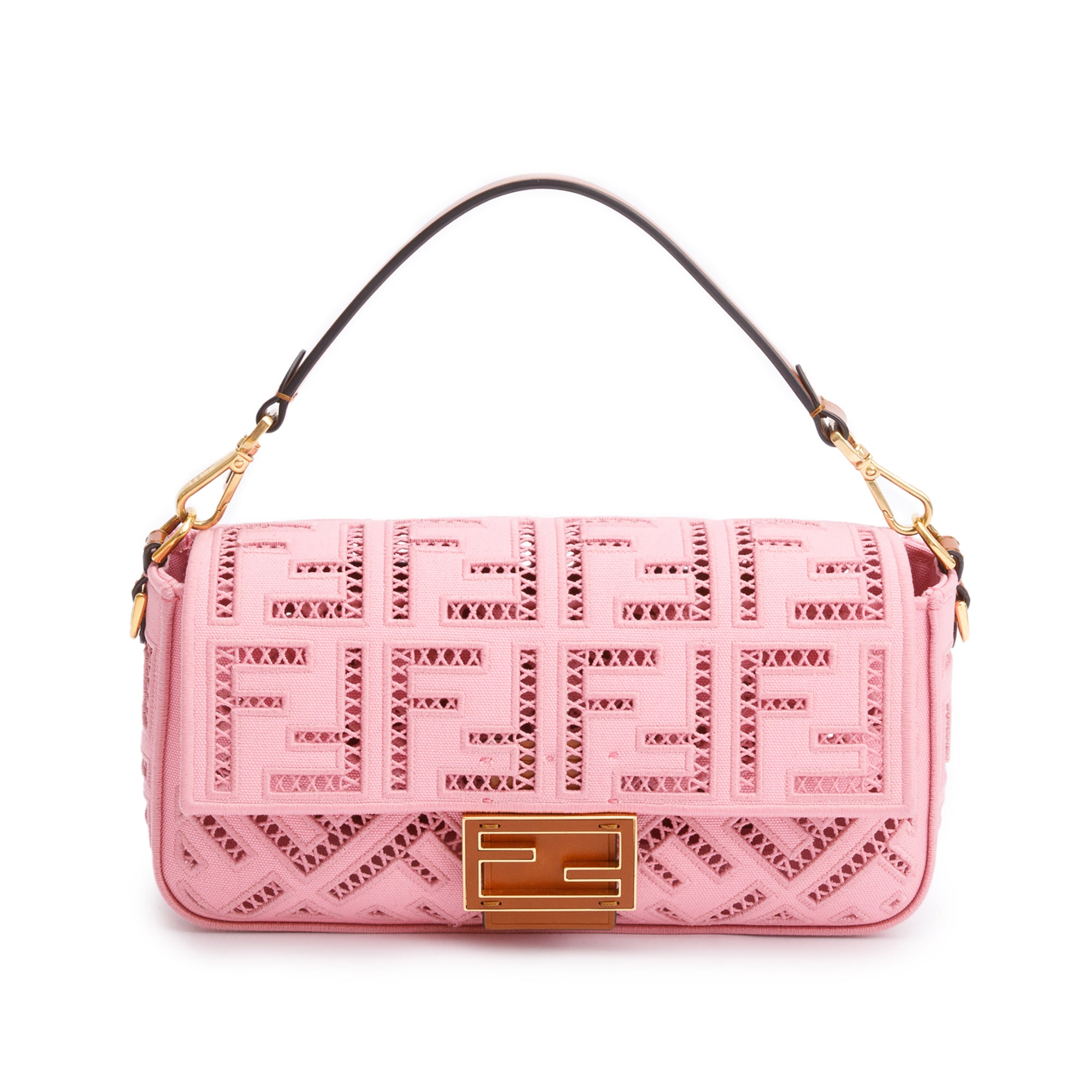 Fendi Pink FF Openwork Embroidered Canvas Medium Baguette Shoulder Bag w/ Straps & Box