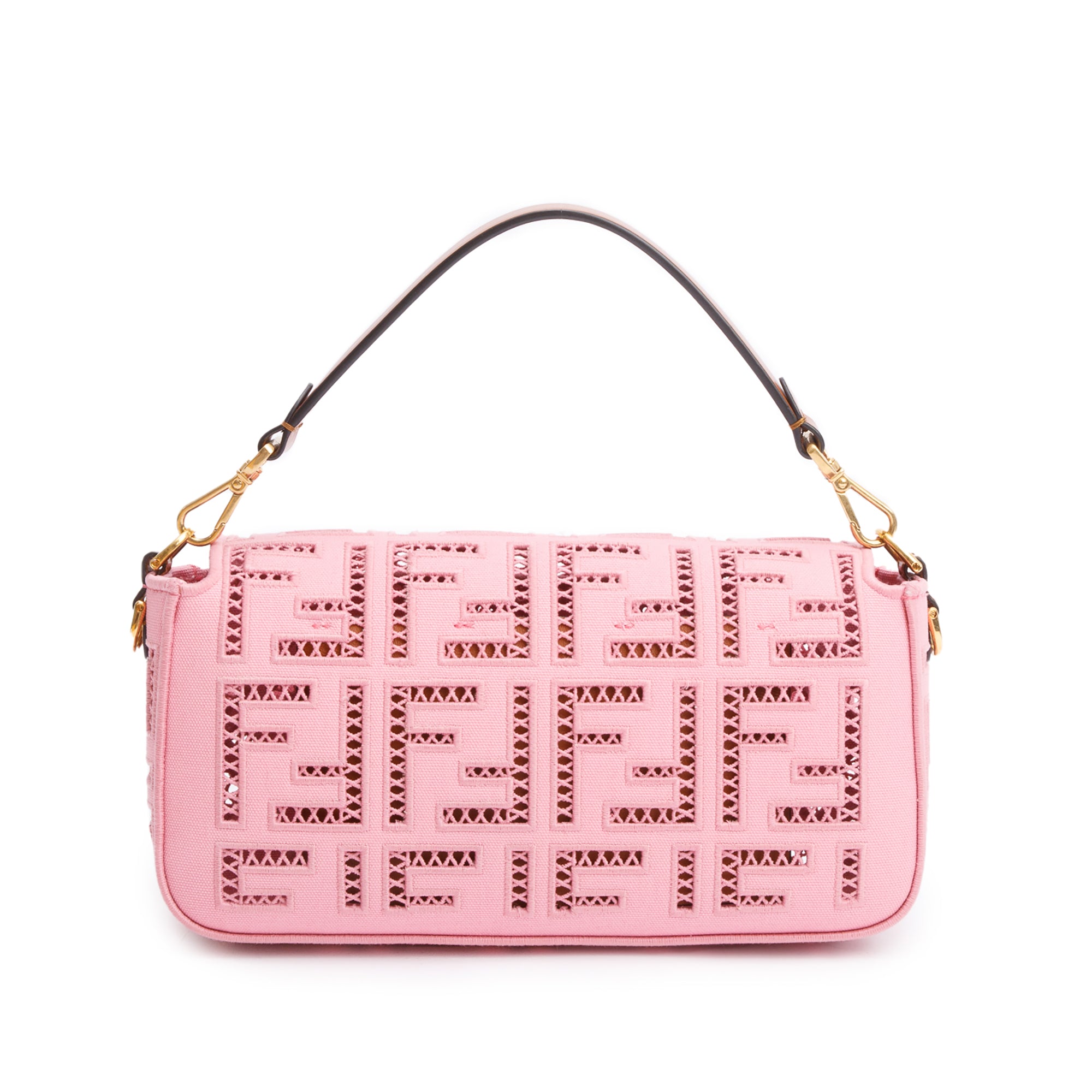 Fendi Pink FF Openwork Embroidered Canvas Medium Baguette Shoulder Bag w/ Straps & Box