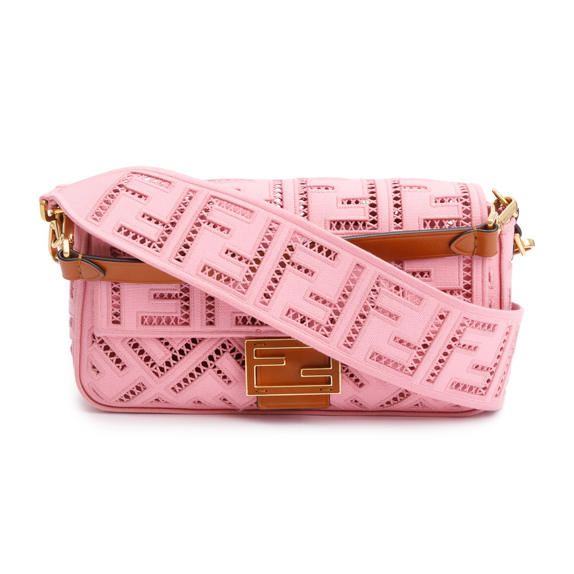 Fendi Pink FF Openwork Embroidered Canvas Medium Baguette Shoulder Bag w/ Straps & Box