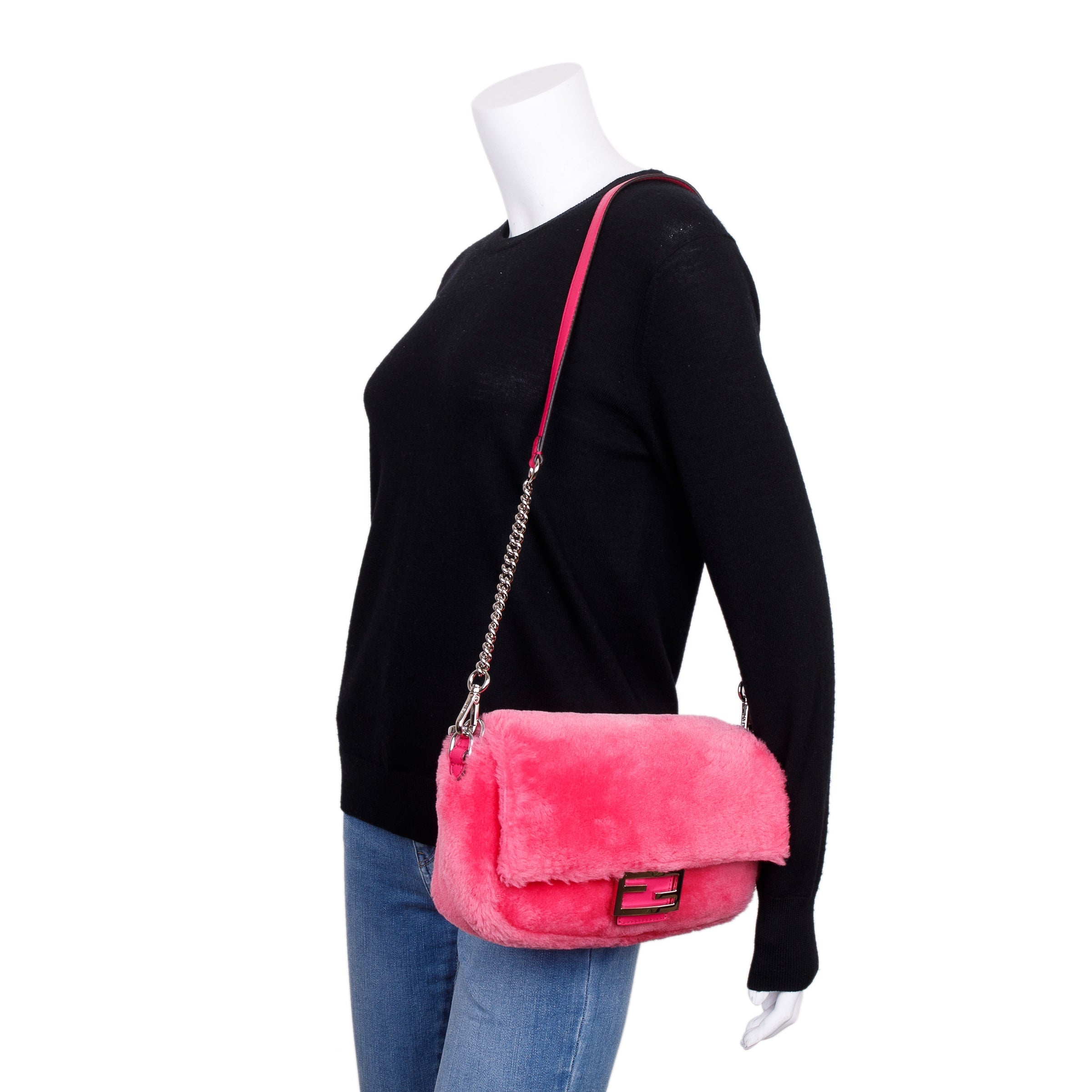 Fendi Pink Shearling Baguette NM Shoulder Bag