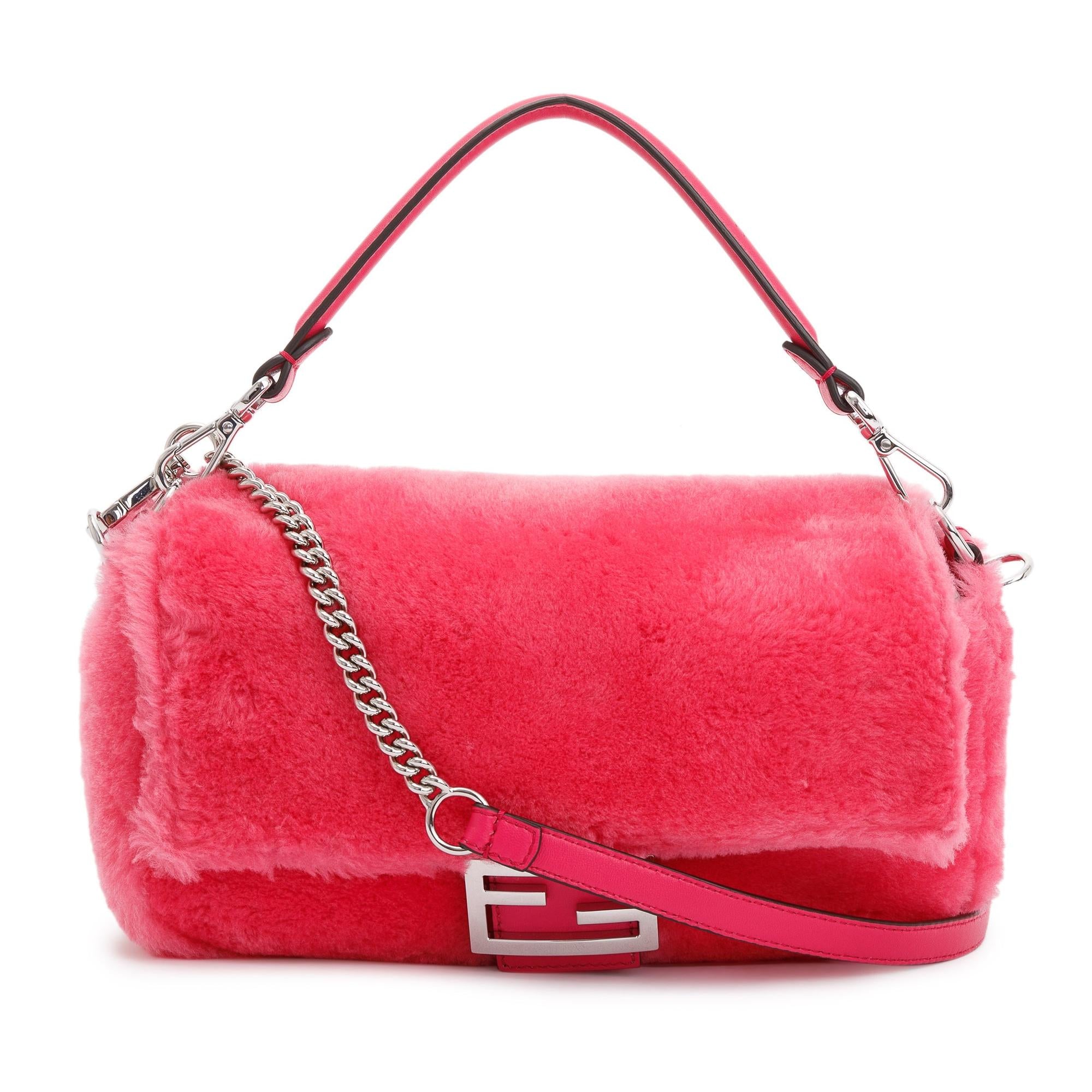 Fendi Pink Shearling Baguette NM Shoulder Bag