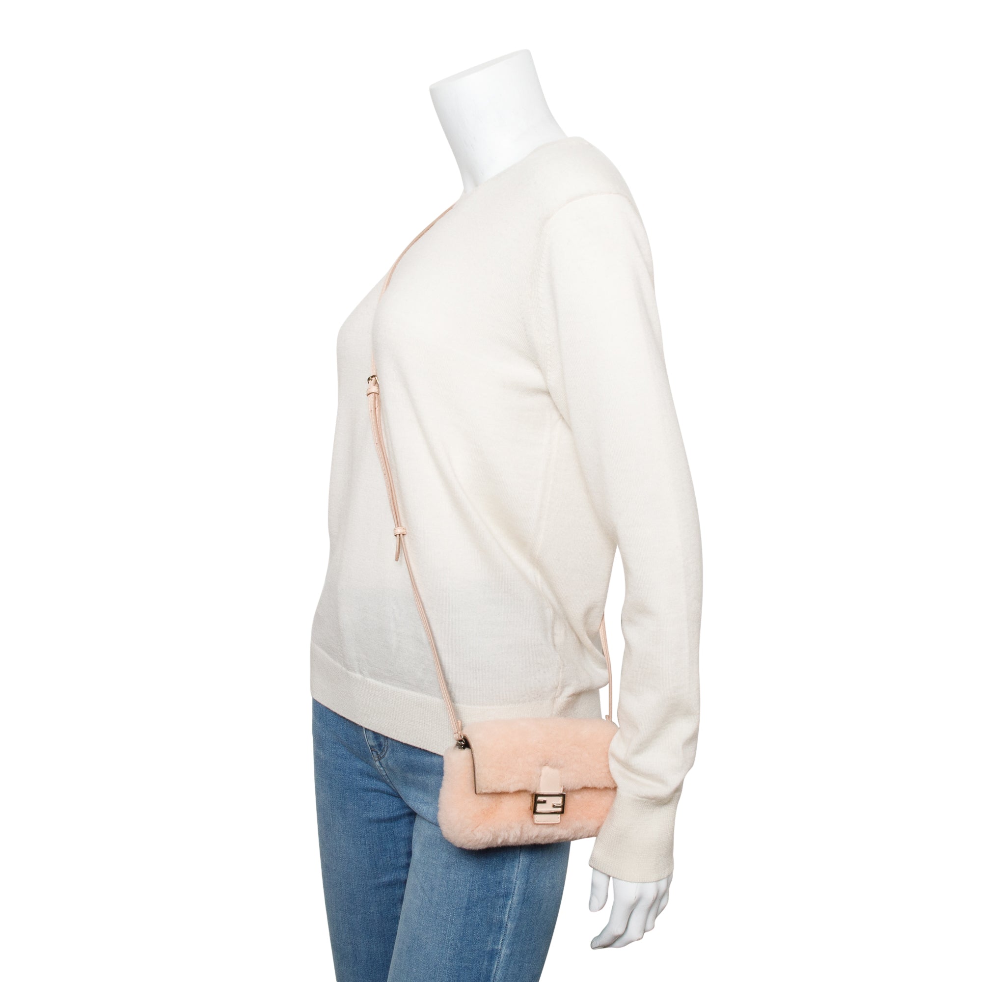 Fendi Pink Shearling Micro Baguette Crossbody Bag
