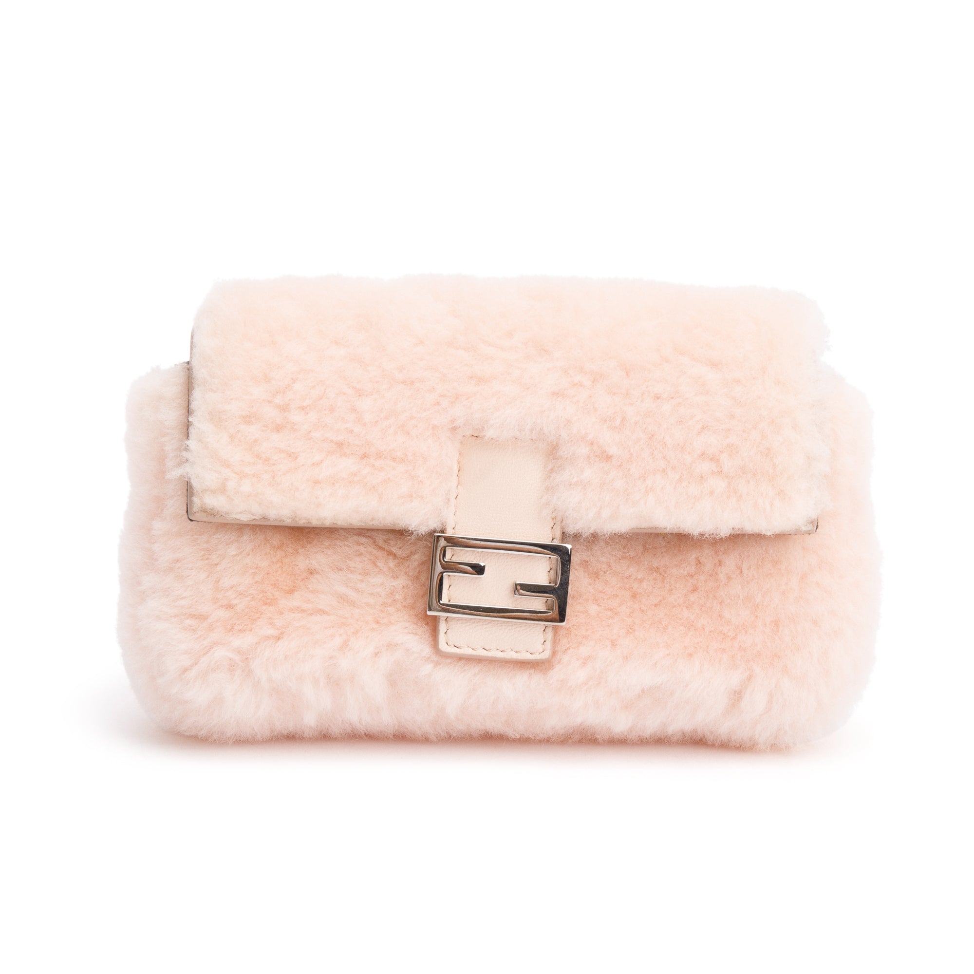 Fendi Pink Shearling Micro Baguette Crossbody Bag