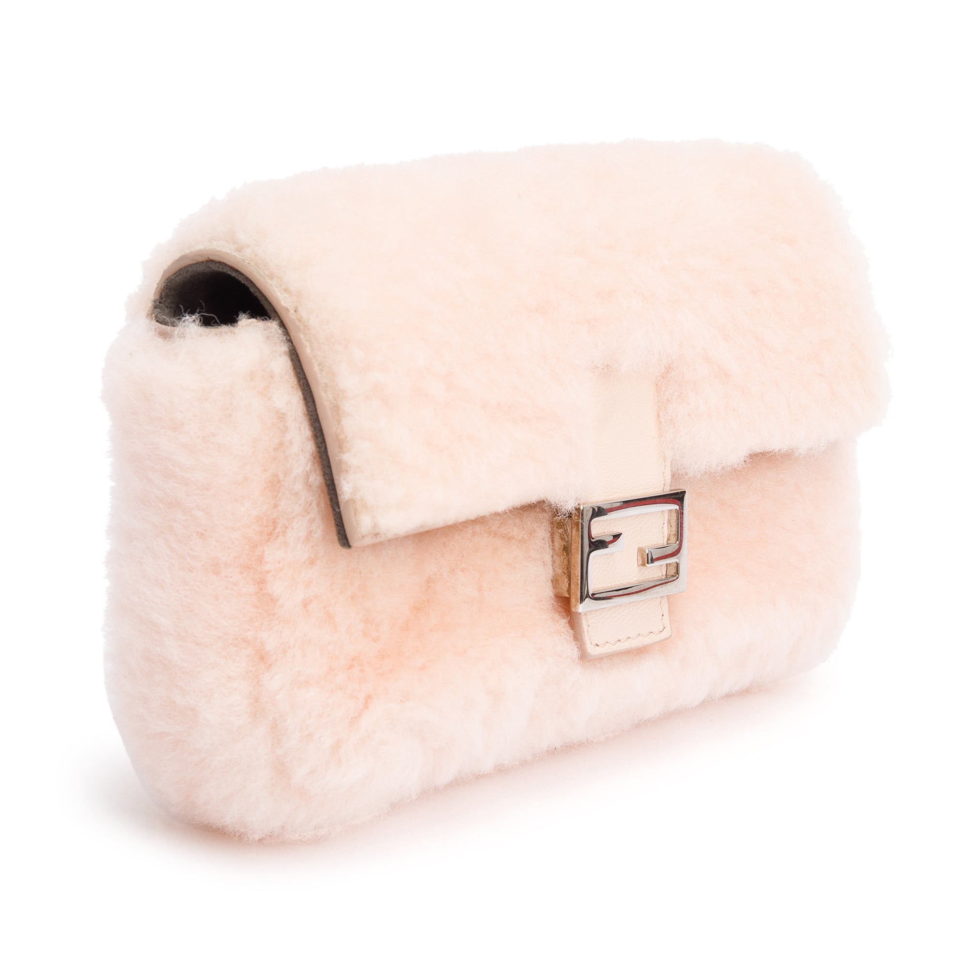 Fendi Pink Shearling Micro Baguette Crossbody Bag