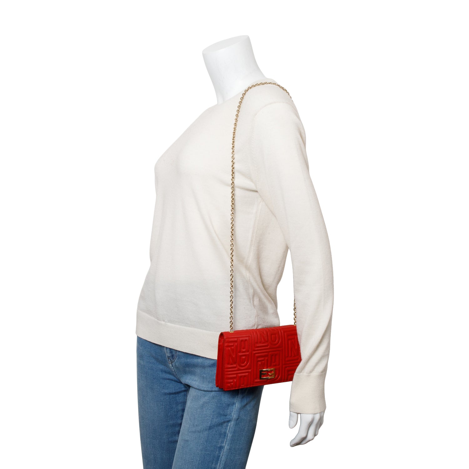 Fendi Red Logo Embossed Nappa Leather Chain Clutch Bag w/ Box