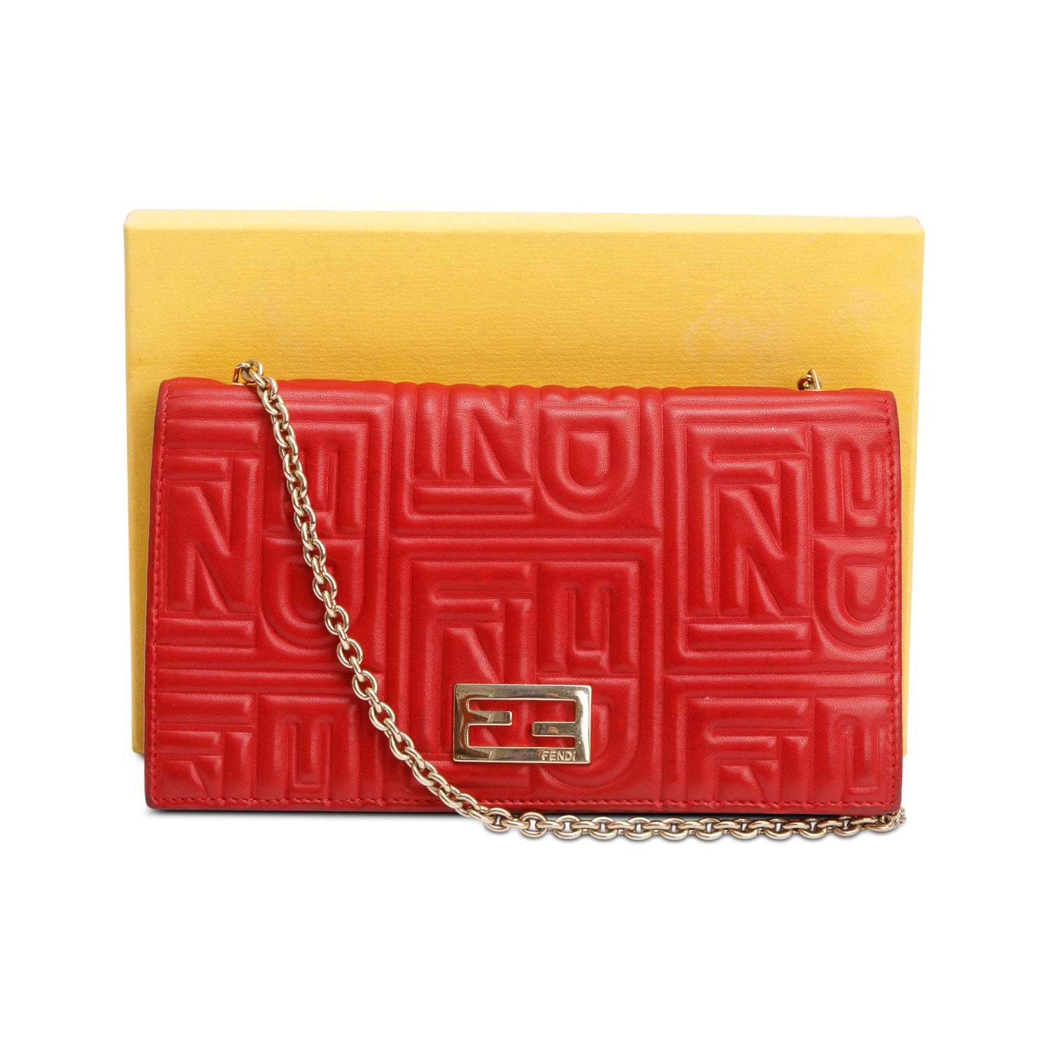 Fendi Red Logo Embossed Nappa Leather Chain Clutch Bag w/ Box