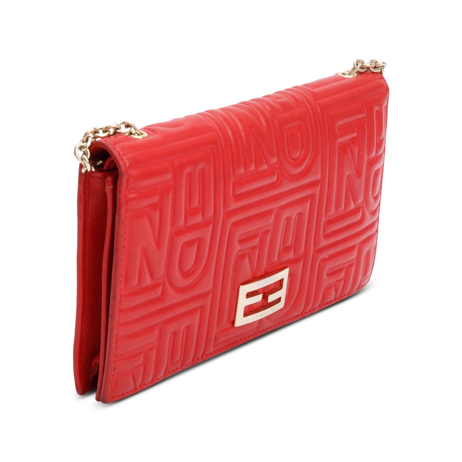 Fendi Red Logo Embossed Nappa Leather Chain Clutch Bag w/ Box