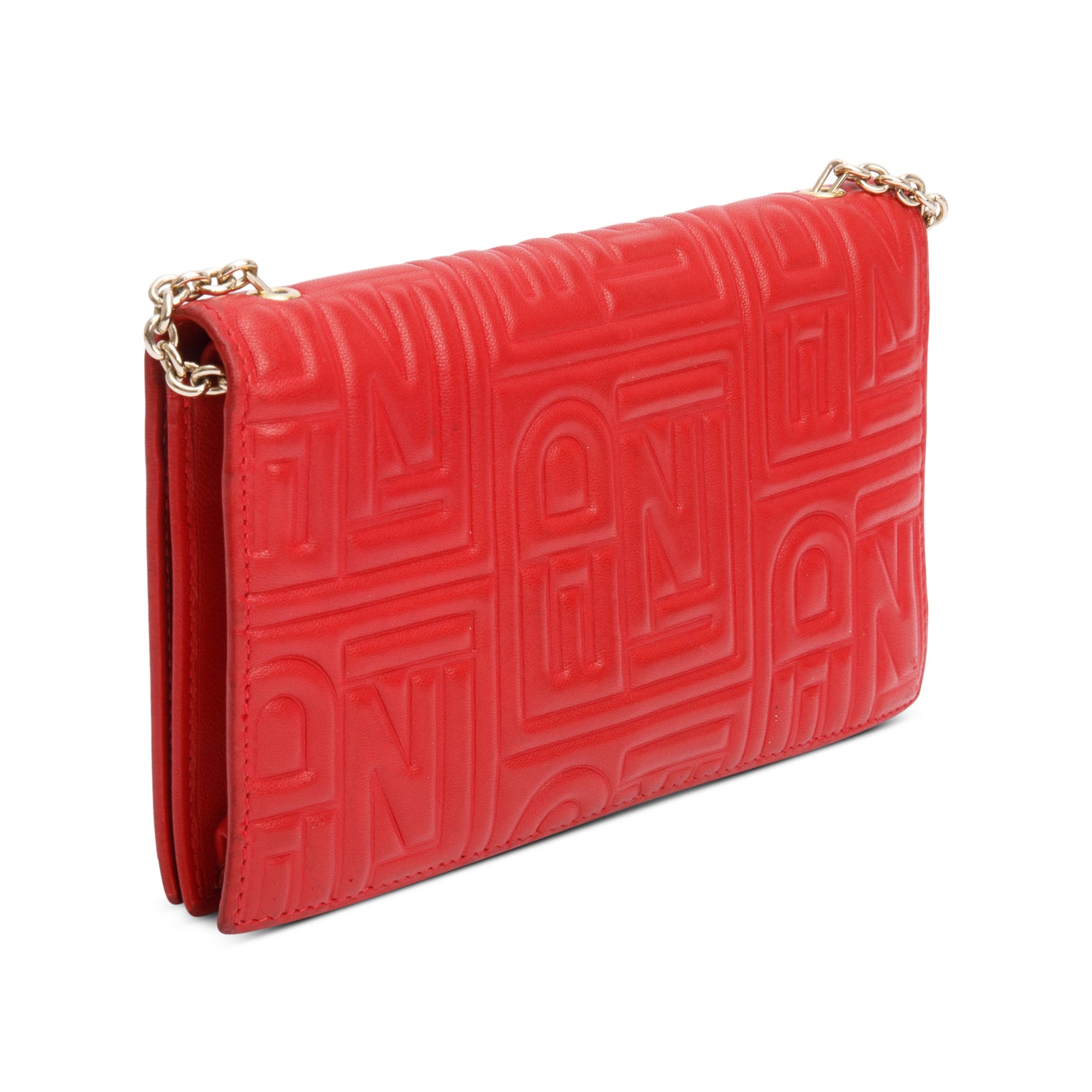 Fendi Red Logo Embossed Nappa Leather Chain Clutch Bag w/ Box