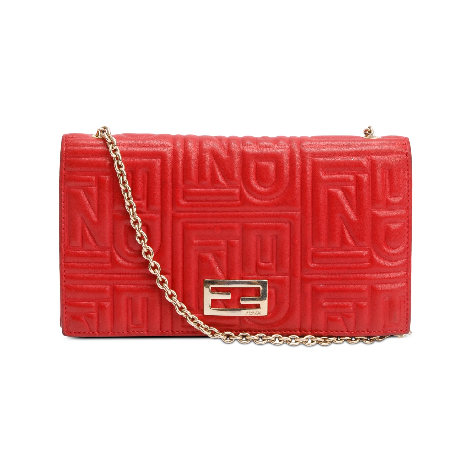 Fendi Red Logo Embossed Nappa Leather Chain Clutch Bag w/ Box