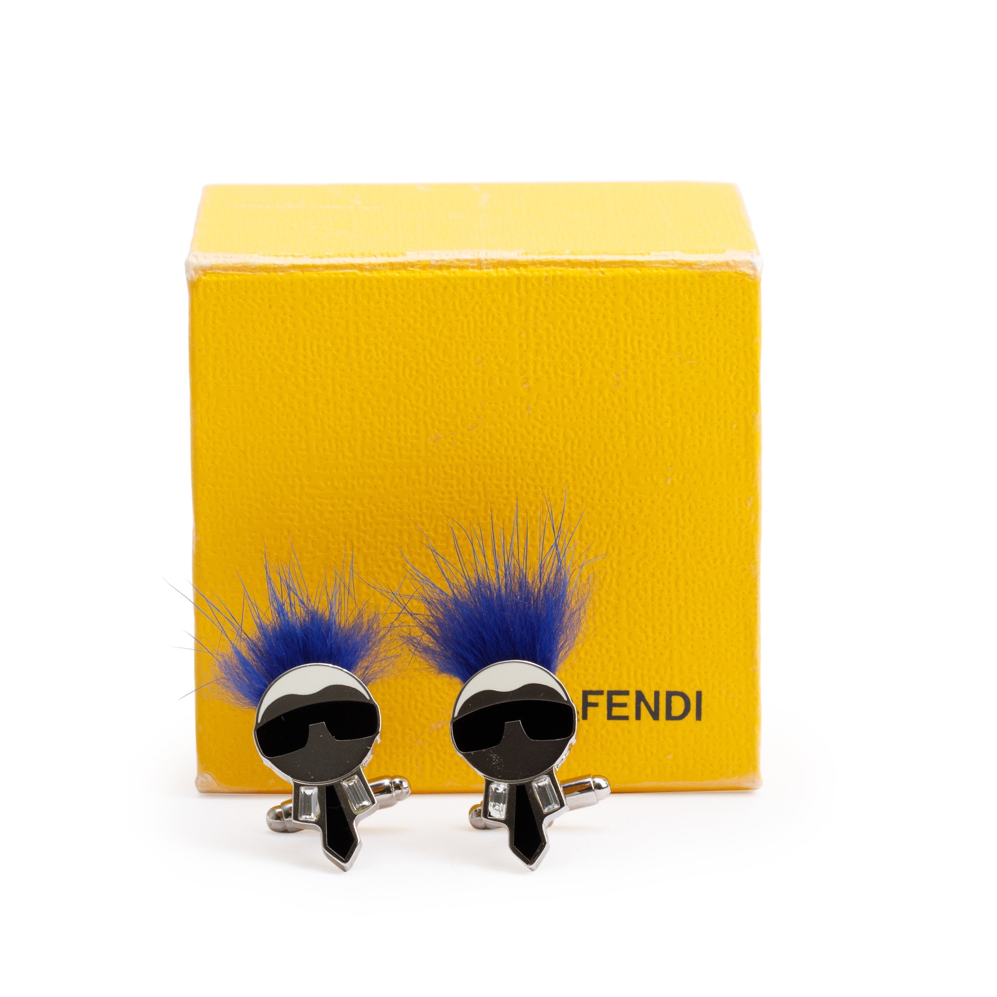 Fendi Silver Metal Blue Fox Fur Karlito Cufflinks w/ Box