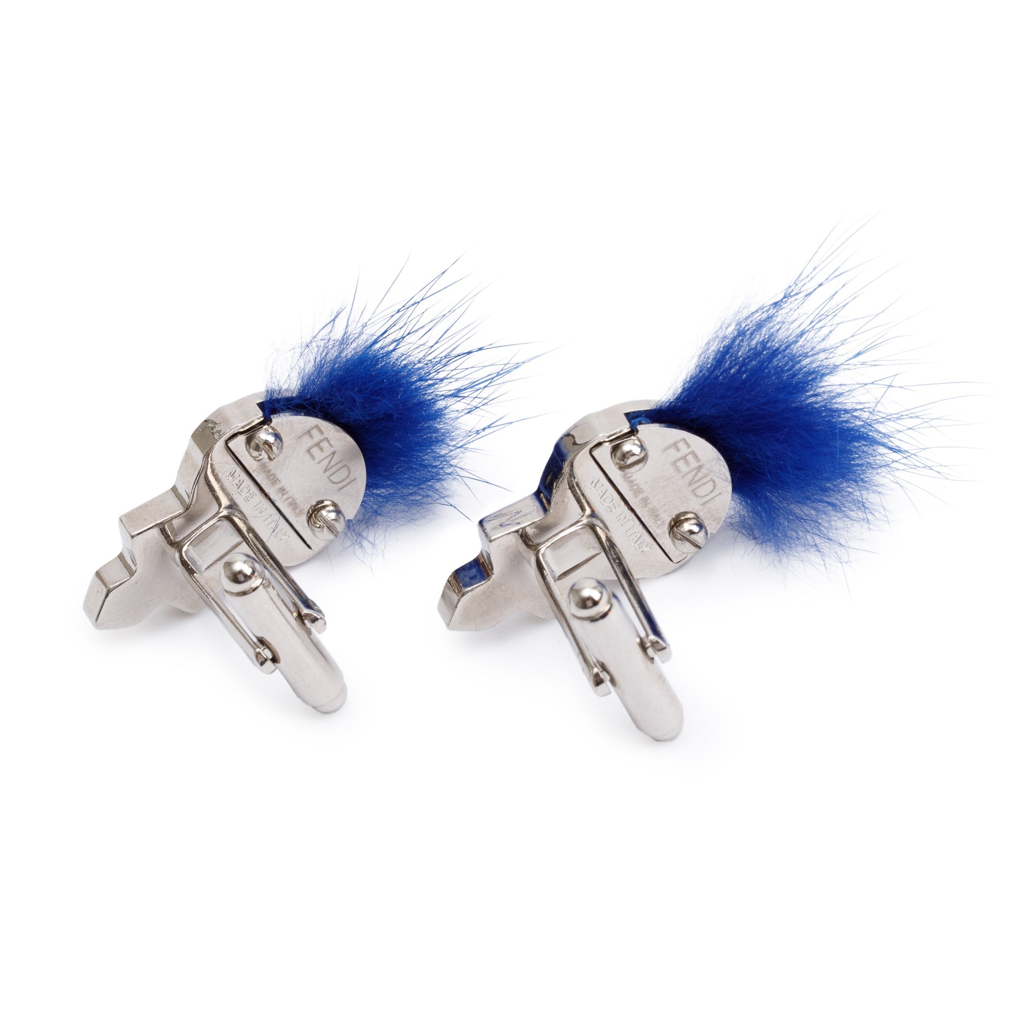Fendi Silver Metal Blue Fox Fur Karlito Cufflinks w/ Box