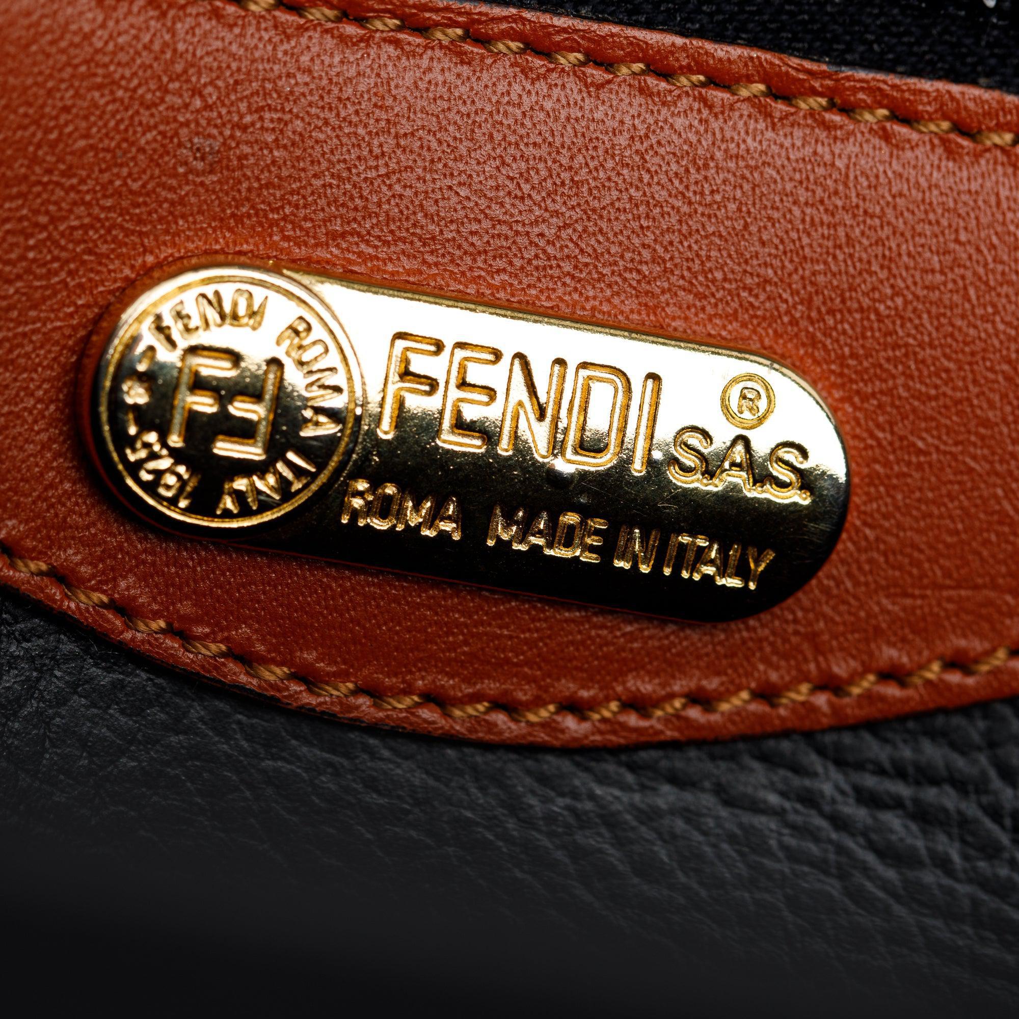 Fendi Vintage Navy Pequin Stripe Brown Leather Trimmed Handle Bag with Strap