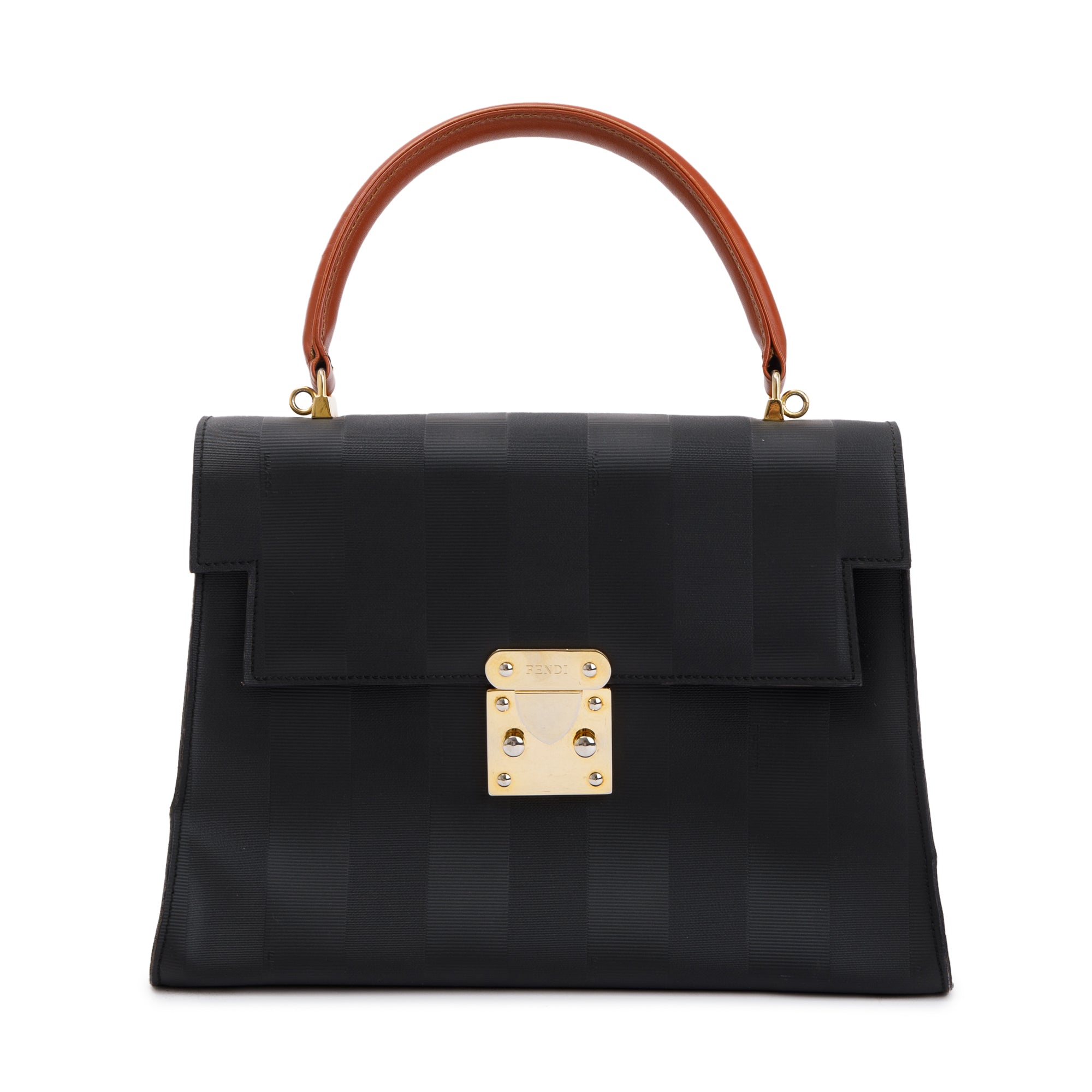 Fendi Vintage Navy Pequin Stripe Brown Leather Trimmed Handle Bag with Strap