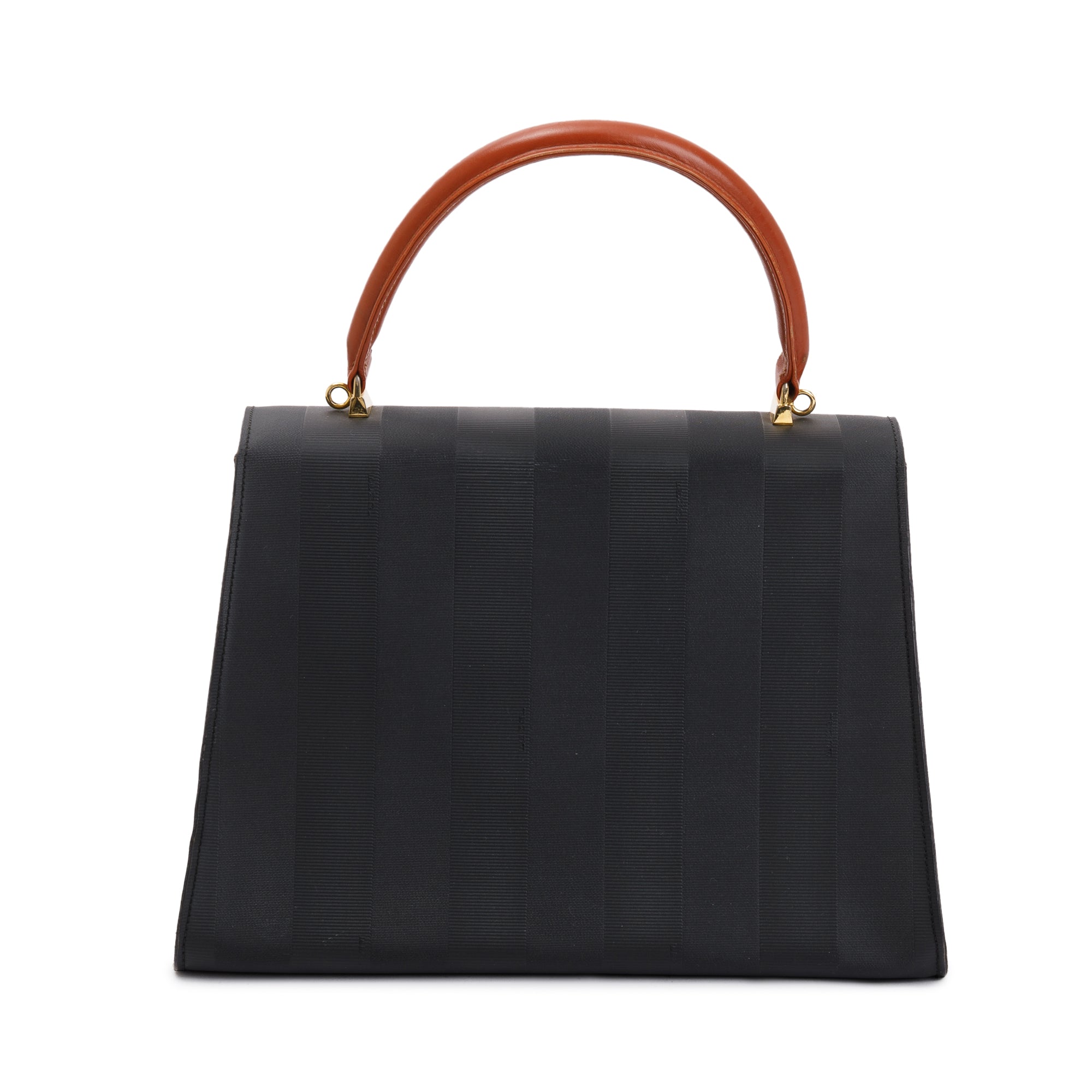 Fendi Vintage Navy Pequin Stripe Brown Leather Trimmed Handle Bag with Strap