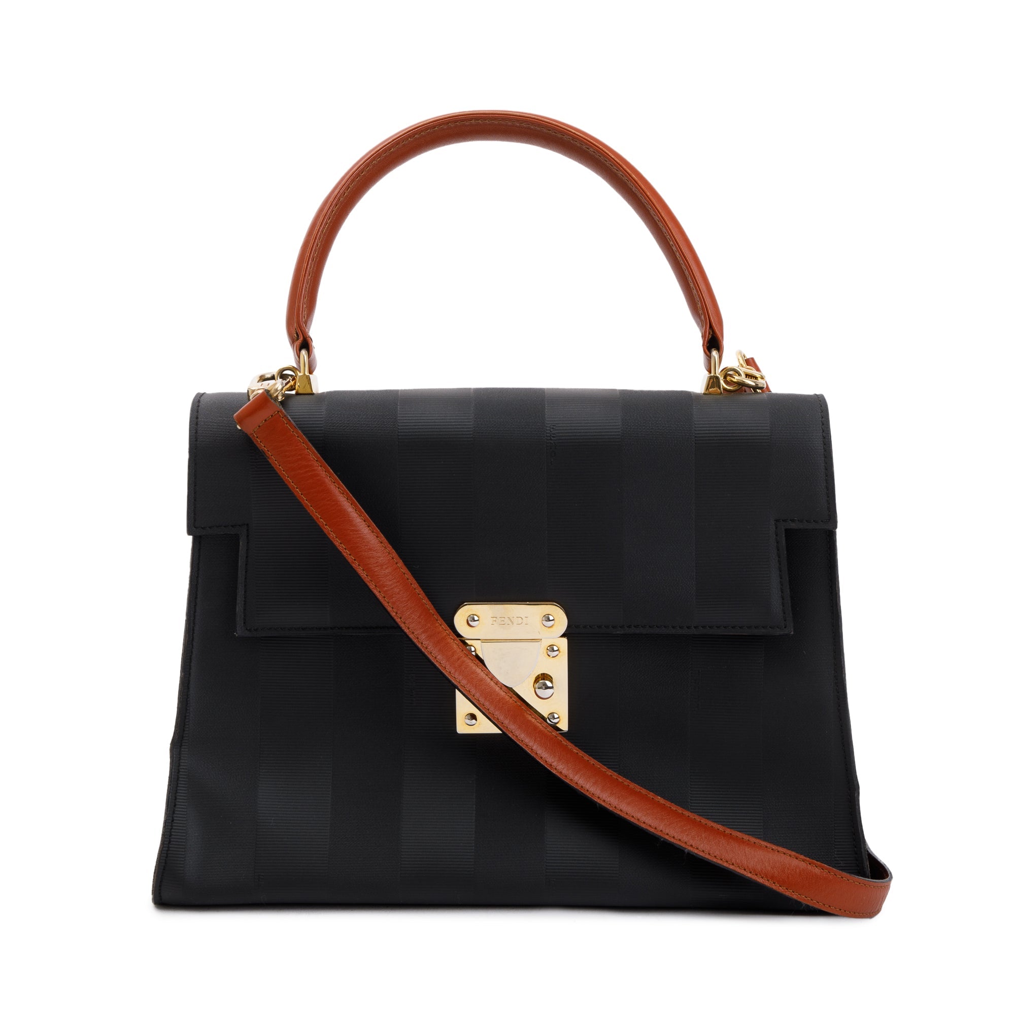 Fendi Vintage Navy Pequin Stripe Brown Leather Trimmed Handle Bag with Strap