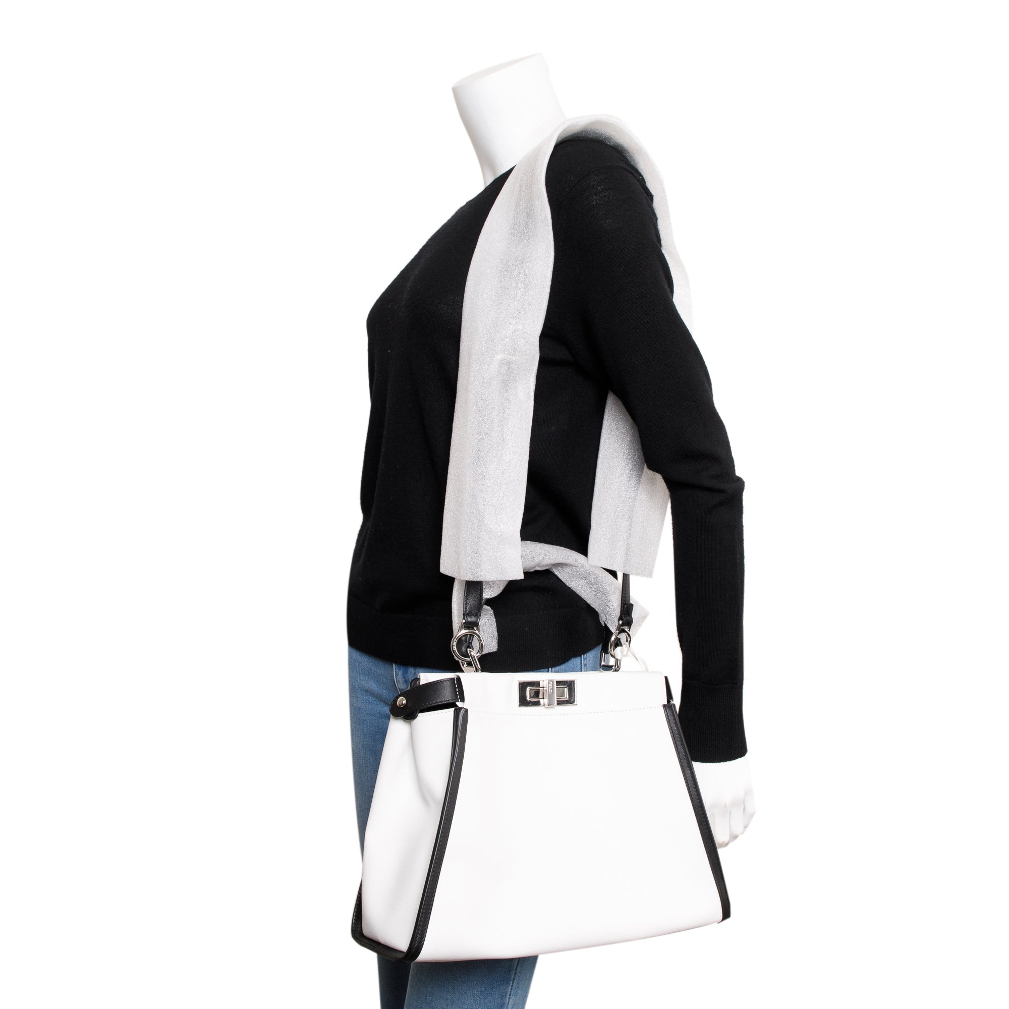 Fendi White & Black Canvas Calf Leather Medium Peekaboo Bag w/ Strap