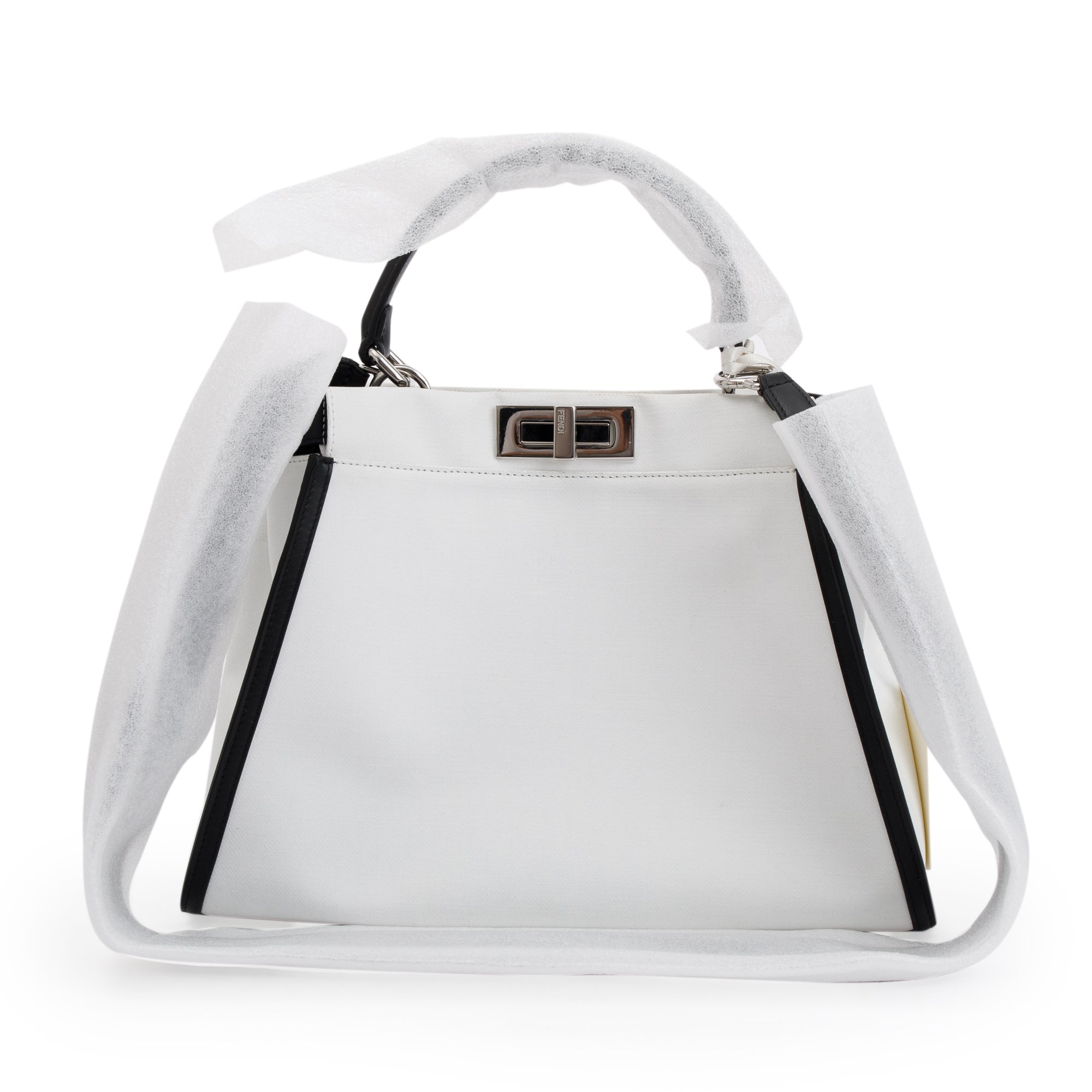 Fendi White & Black Canvas Calf Leather Medium Peekaboo Bag w/ Strap
