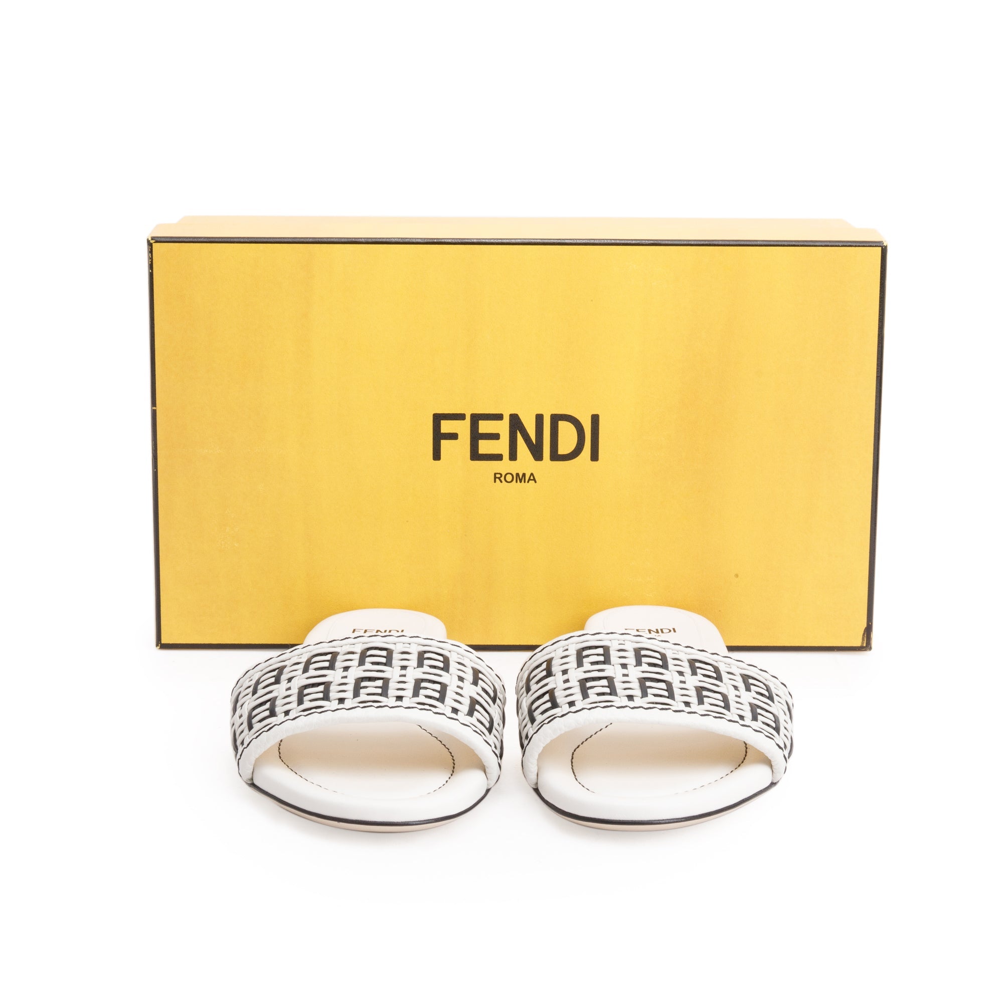 Fendi White Calskin Leather Interlaced FF Woven Mule Sandals, Size 37.5 w/ Box
