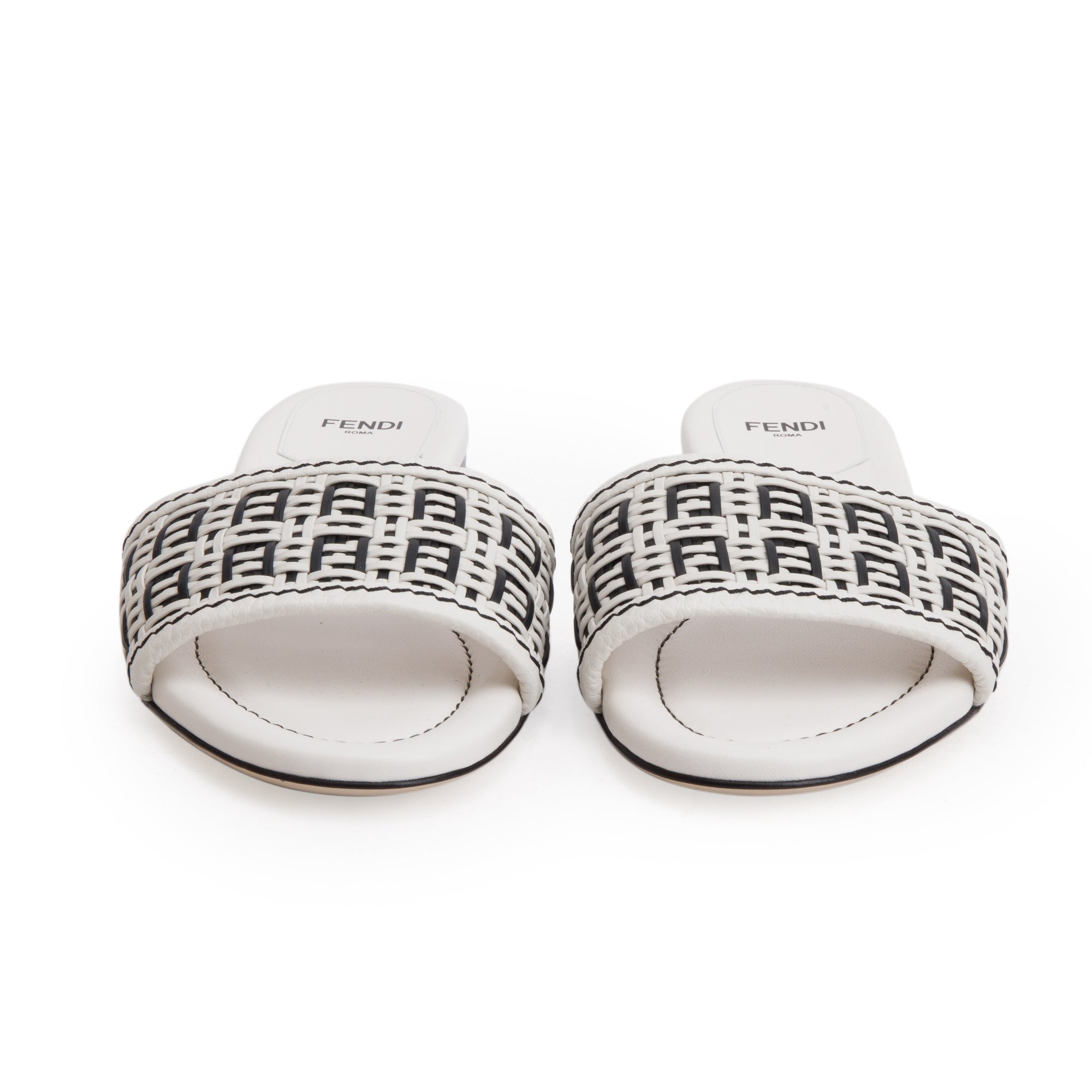 Fendi White Calskin Leather Interlaced FF Woven Mule Sandals, Size 37.5 w/ Box