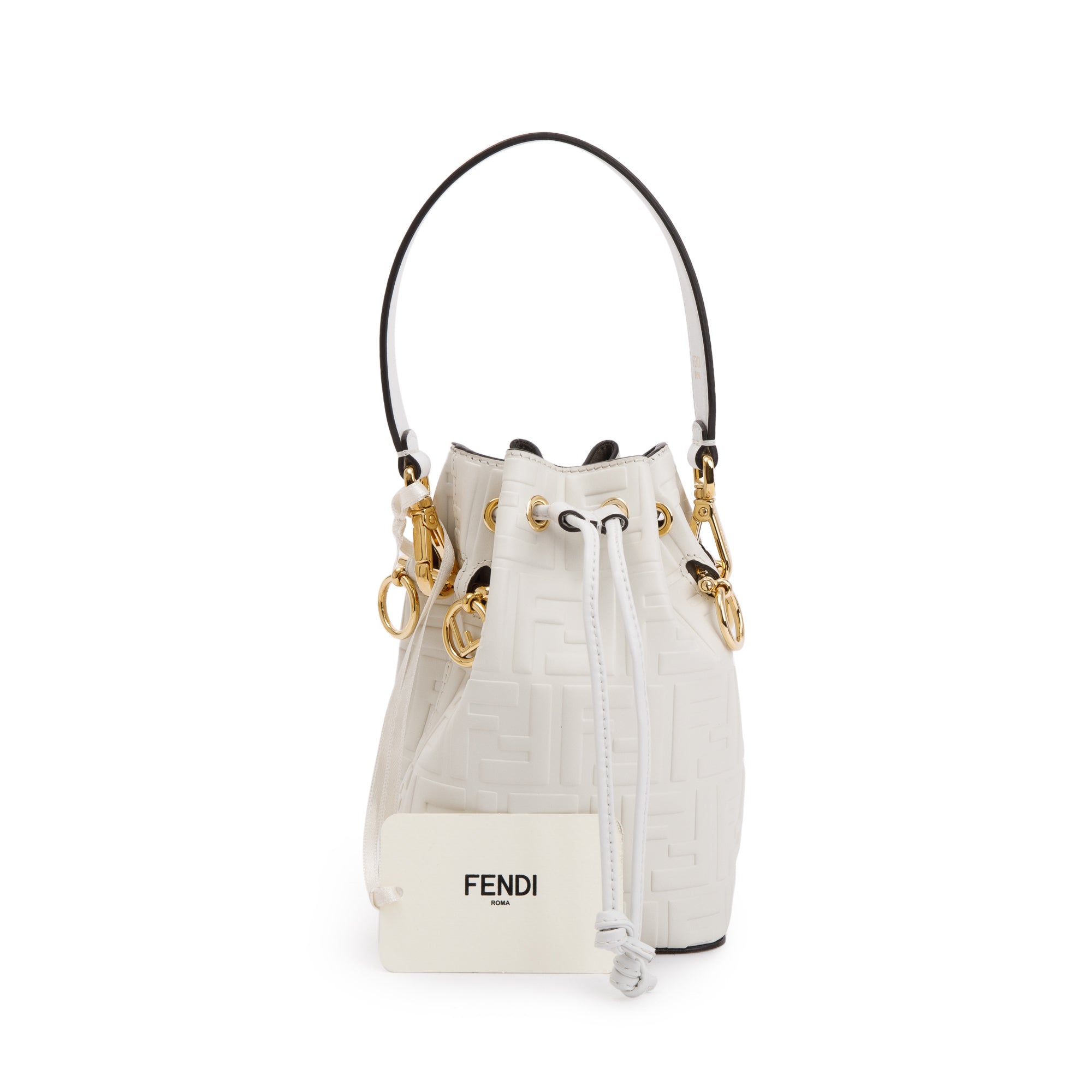 Fendi White FF Embossed Calfskin Leather Mini Mon Tresor Bucket Bag w/ Strap