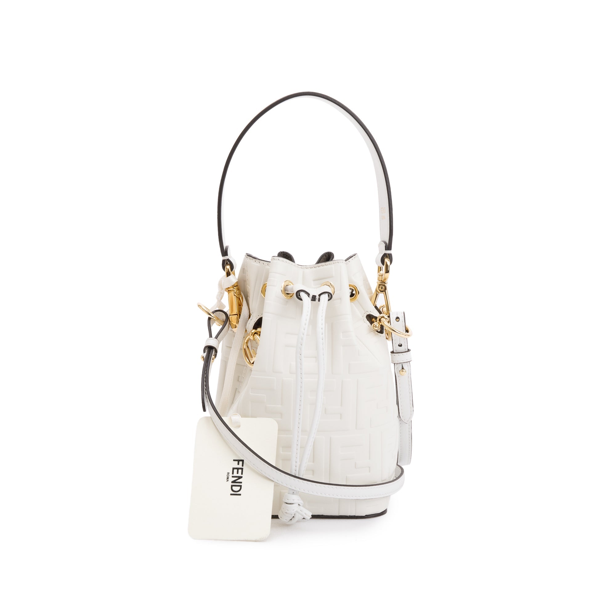 Fendi White FF Embossed Calfskin Leather Mini Mon Tresor Bucket Bag w/ Strap