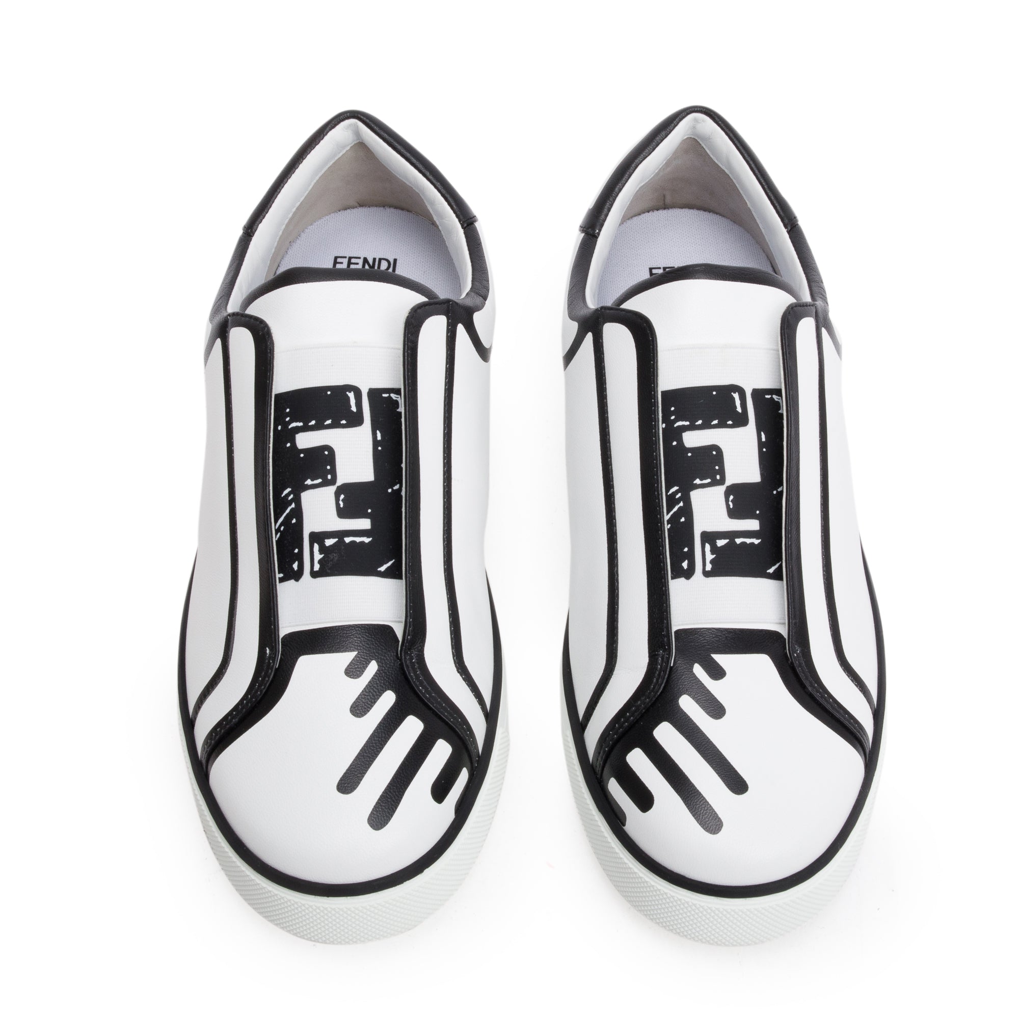 Fendi X Joshua Vides White Black Nappa Leather Rockoclick Slip On Sneakers, Size 37.5