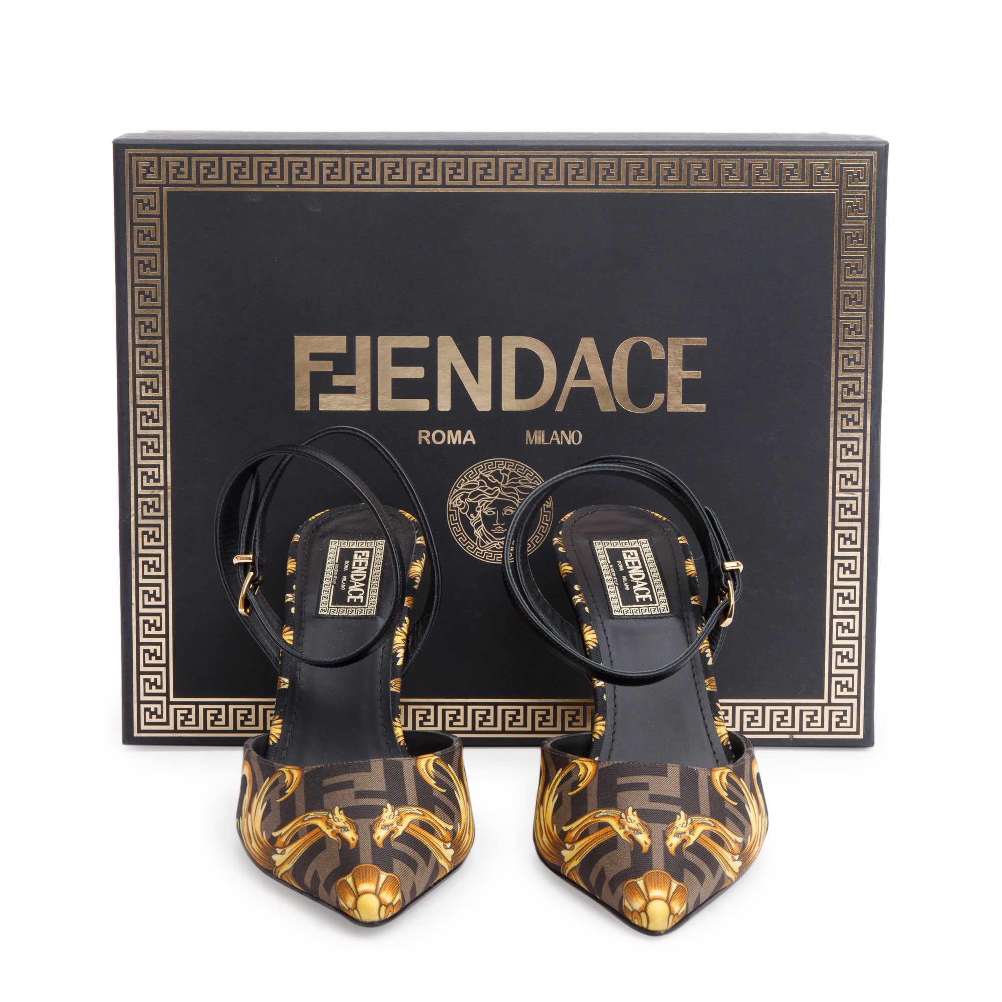 Fendi X Versace Brown Printed Canvas Fendace Slingback Pumps, Size 38 w/ Box