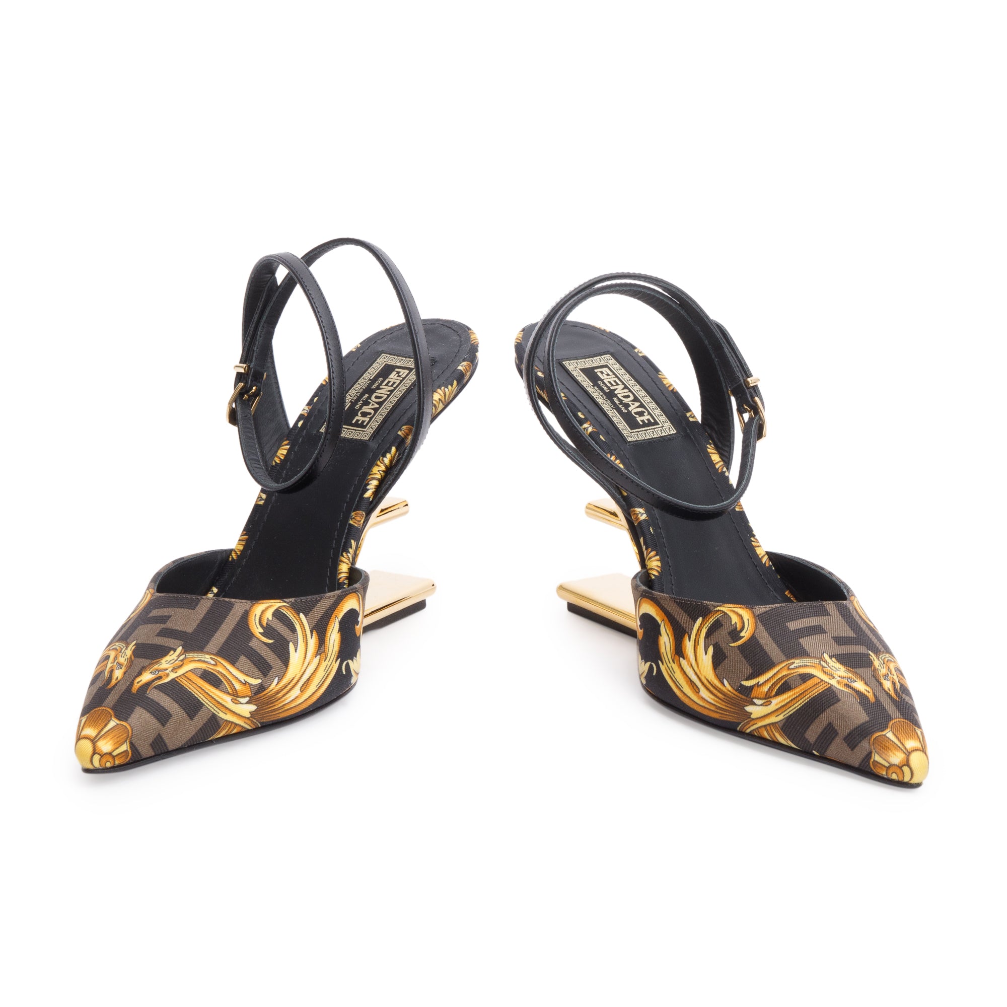 Fendi X Versace Brown Printed Canvas Fendace Slingback Pumps, Size 38 w/ Box