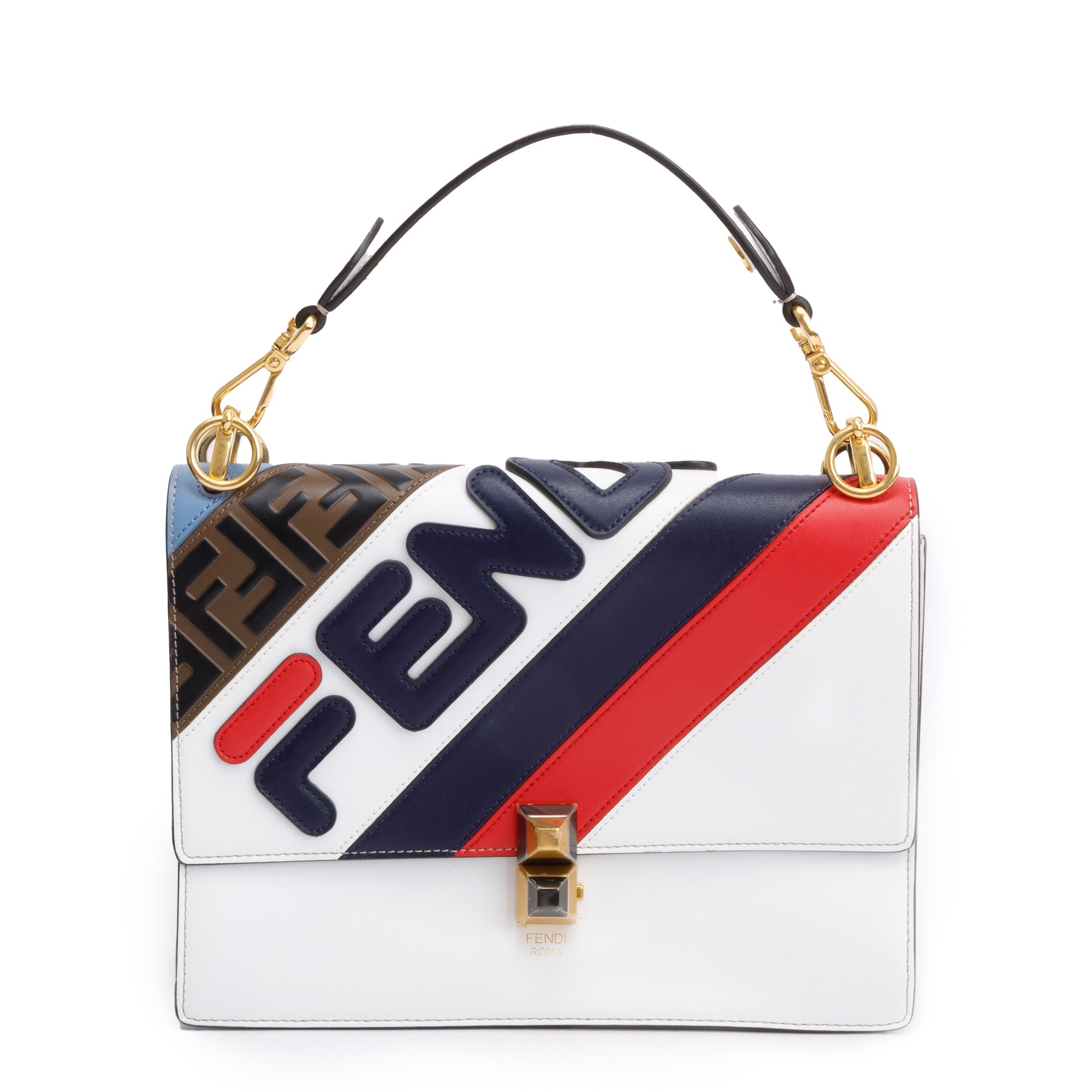 Fendi x Fila White Multicolor Calfskin Leather Logo Mania Kan I Shoulder Bag w/ Strap