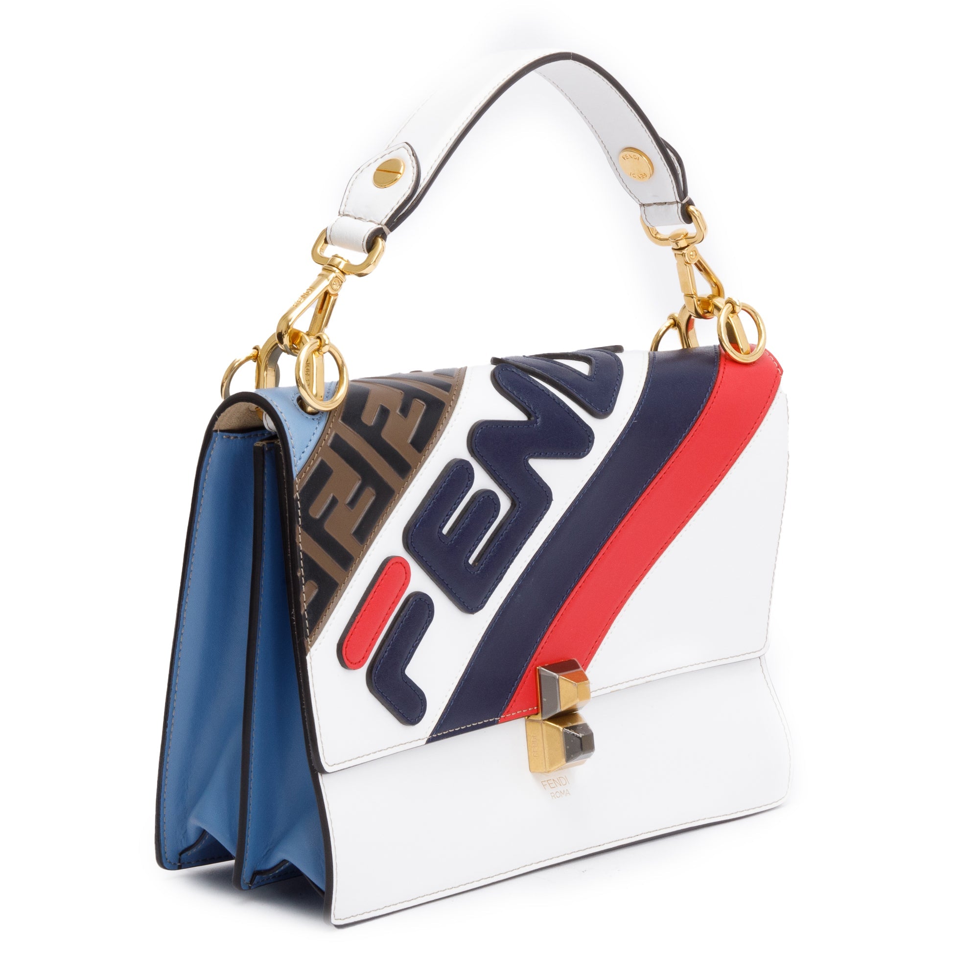 Fendi x Fila White Multicolor Calfskin Leather Logo Mania Kan I Shoulder Bag w/ Strap