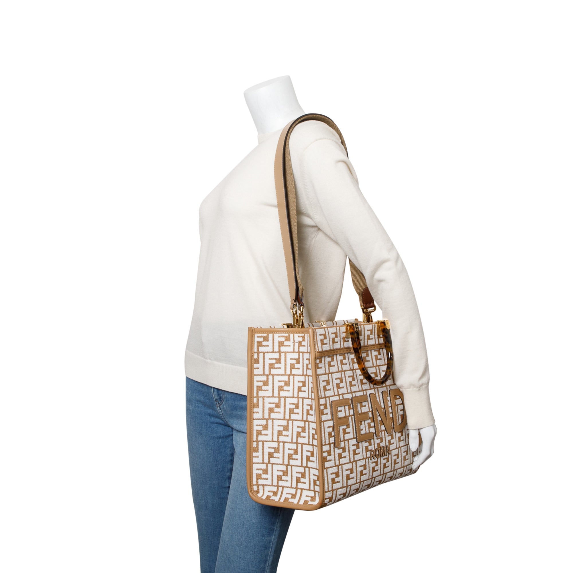 Fendi Beige Zucca FF Raffia Medium Sunshine Tote Bag w/ Strap