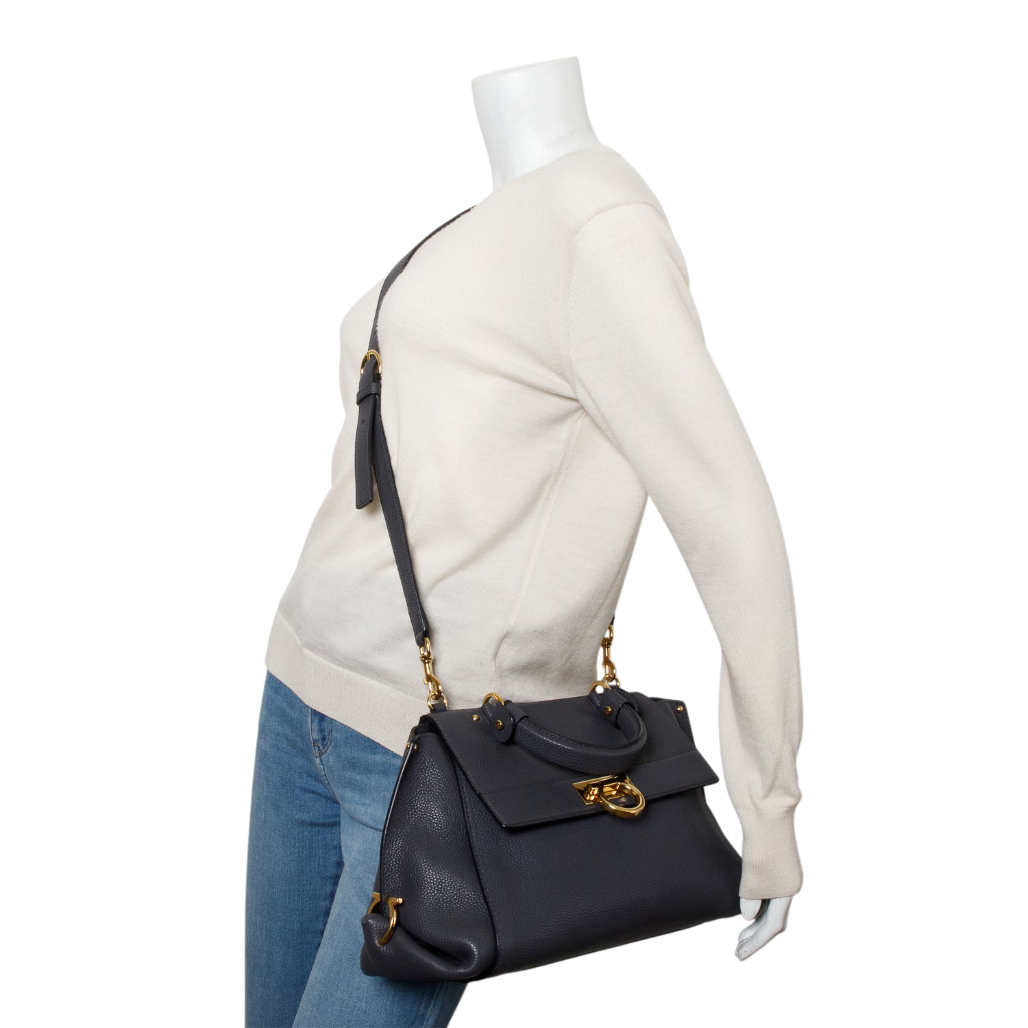 Ferragamo Grey Grained Calfskin Sofia Satchel w/ Strap