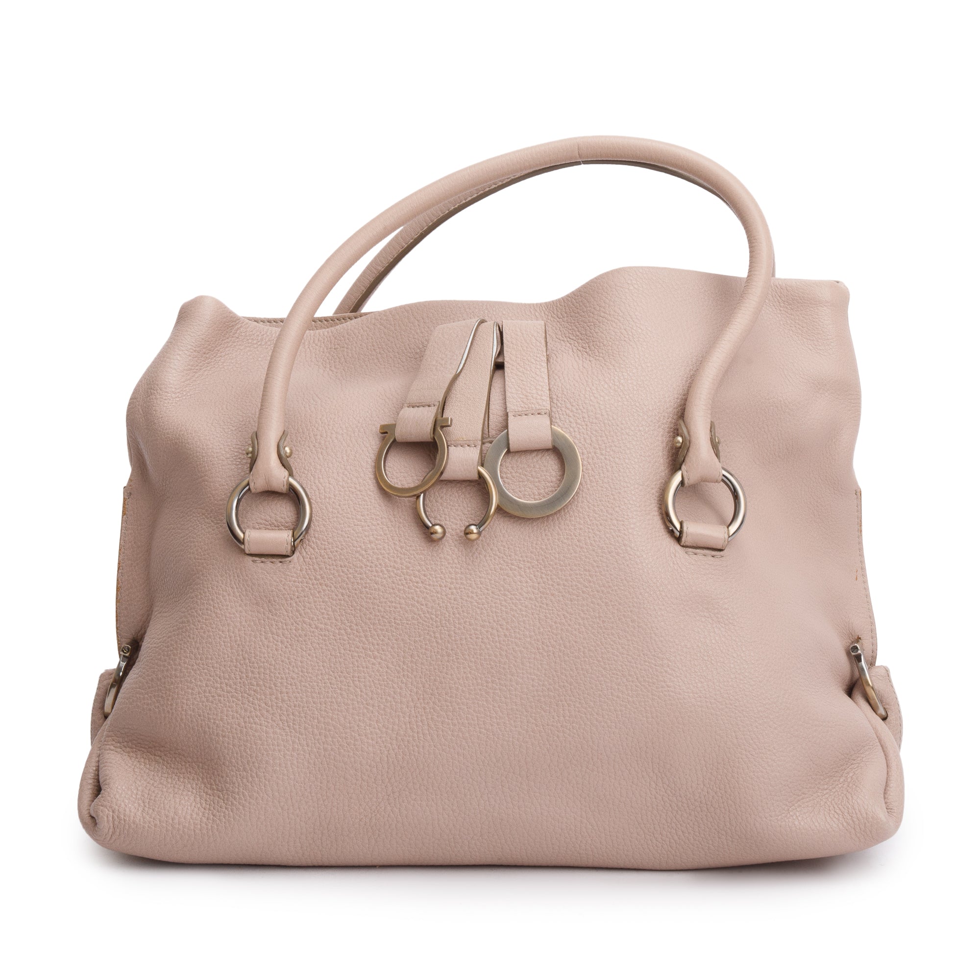 Ferragamo Beige Calfskin Leather Gancini Wrap Ring Foldover Shoulder Bag