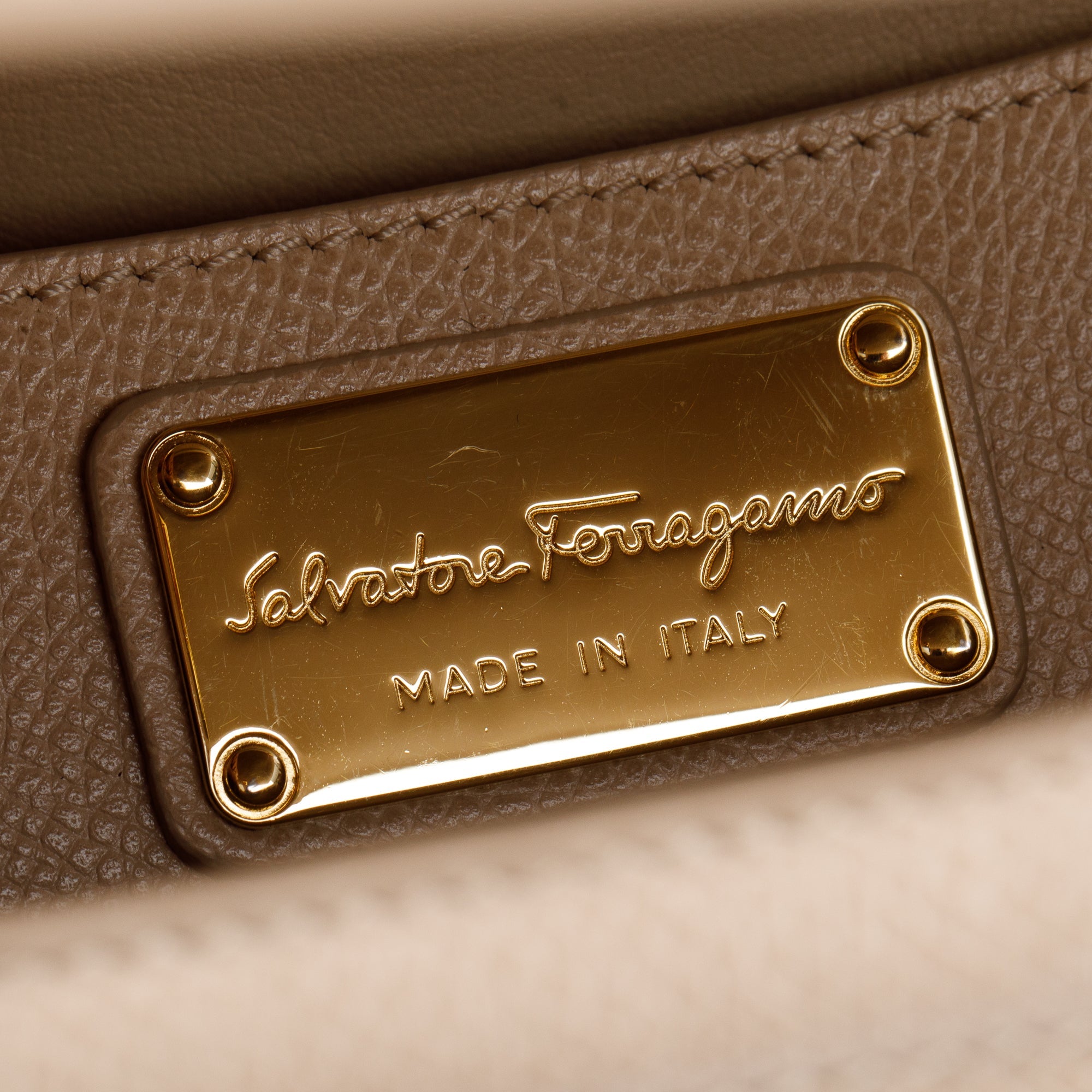Ferragamo Beige Grained Leather Medium Carrie Vara Shoulder Bag