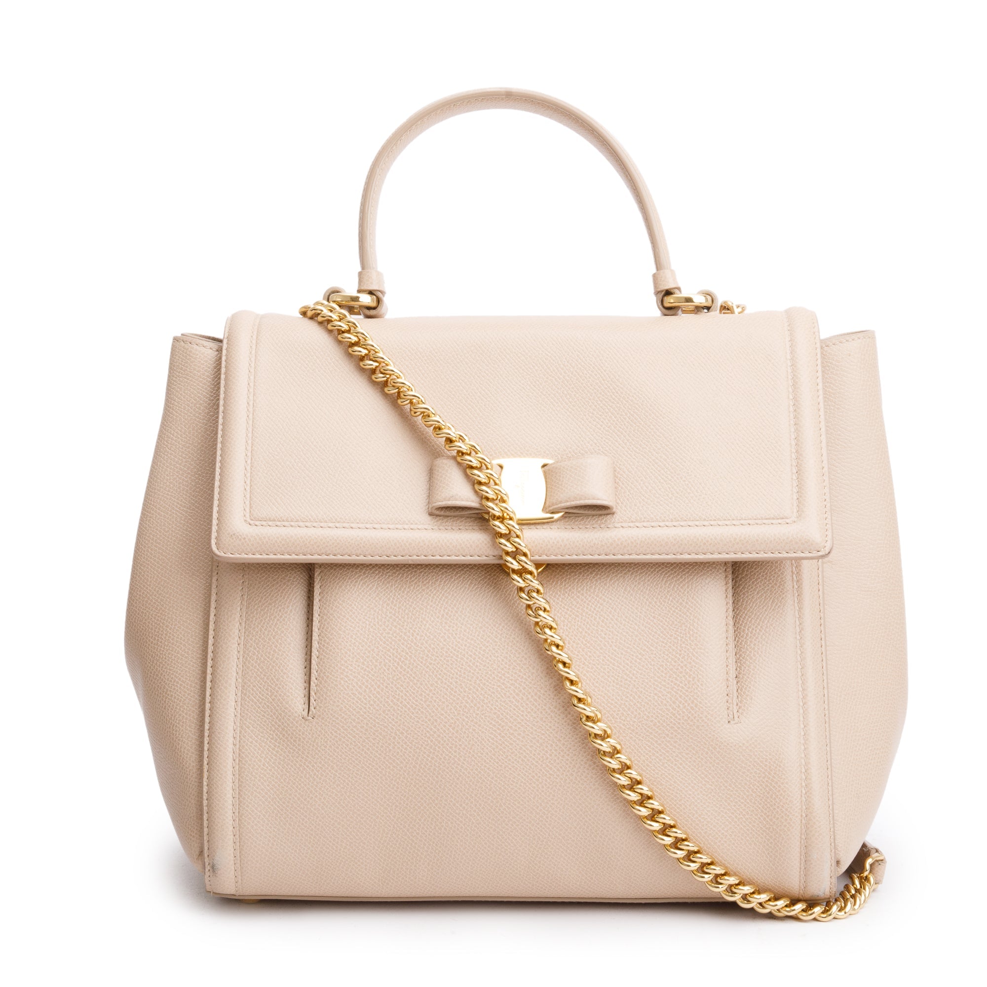 Ferragamo Beige Grained Leather Medium Carrie Vara Shoulder Bag