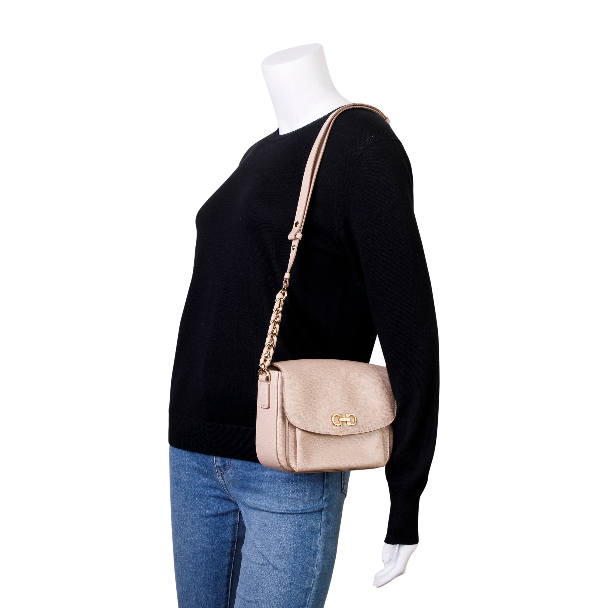 Ferragamo Beige Saffiano Leather Sandrine Shoulder Bag