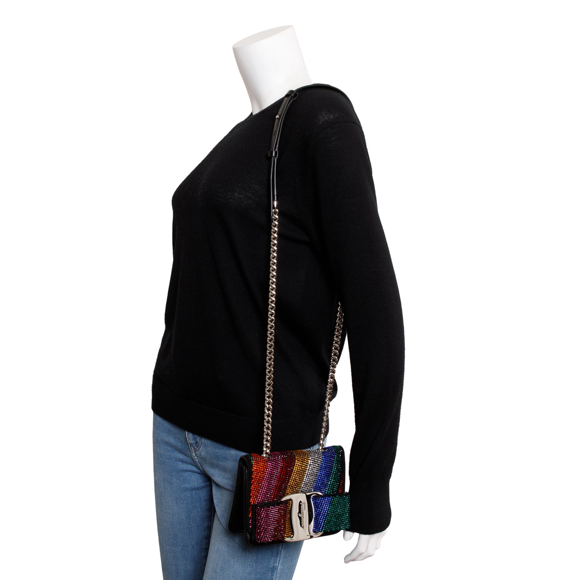 Ferragamo Black Calfskin Leather Crystal Embellished Mini Vara Rainbow Crossbody Bag w/ Box