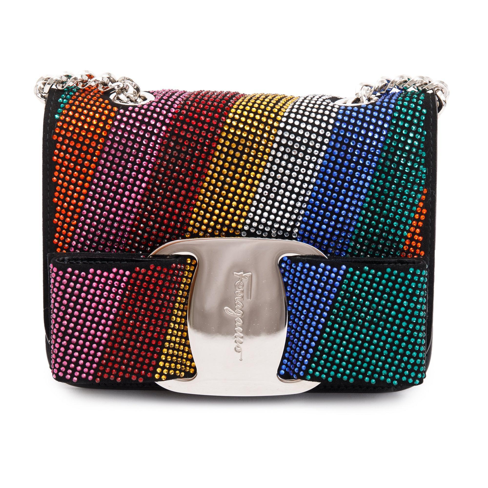 Ferragamo Black Calfskin Leather Crystal Embellished Mini Vara Rainbow Crossbody Bag w/ Box
