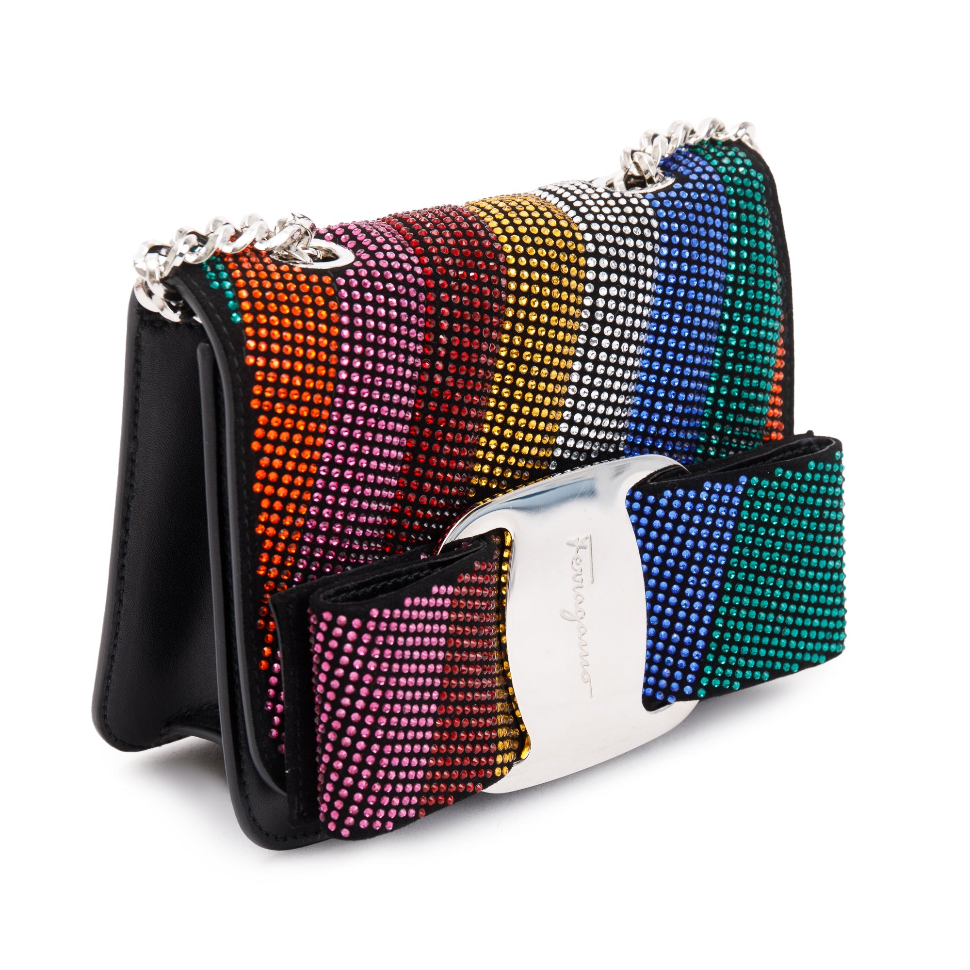 Ferragamo Black Calfskin Leather Crystal Embellished Mini Vara Rainbow Crossbody Bag w/ Box
