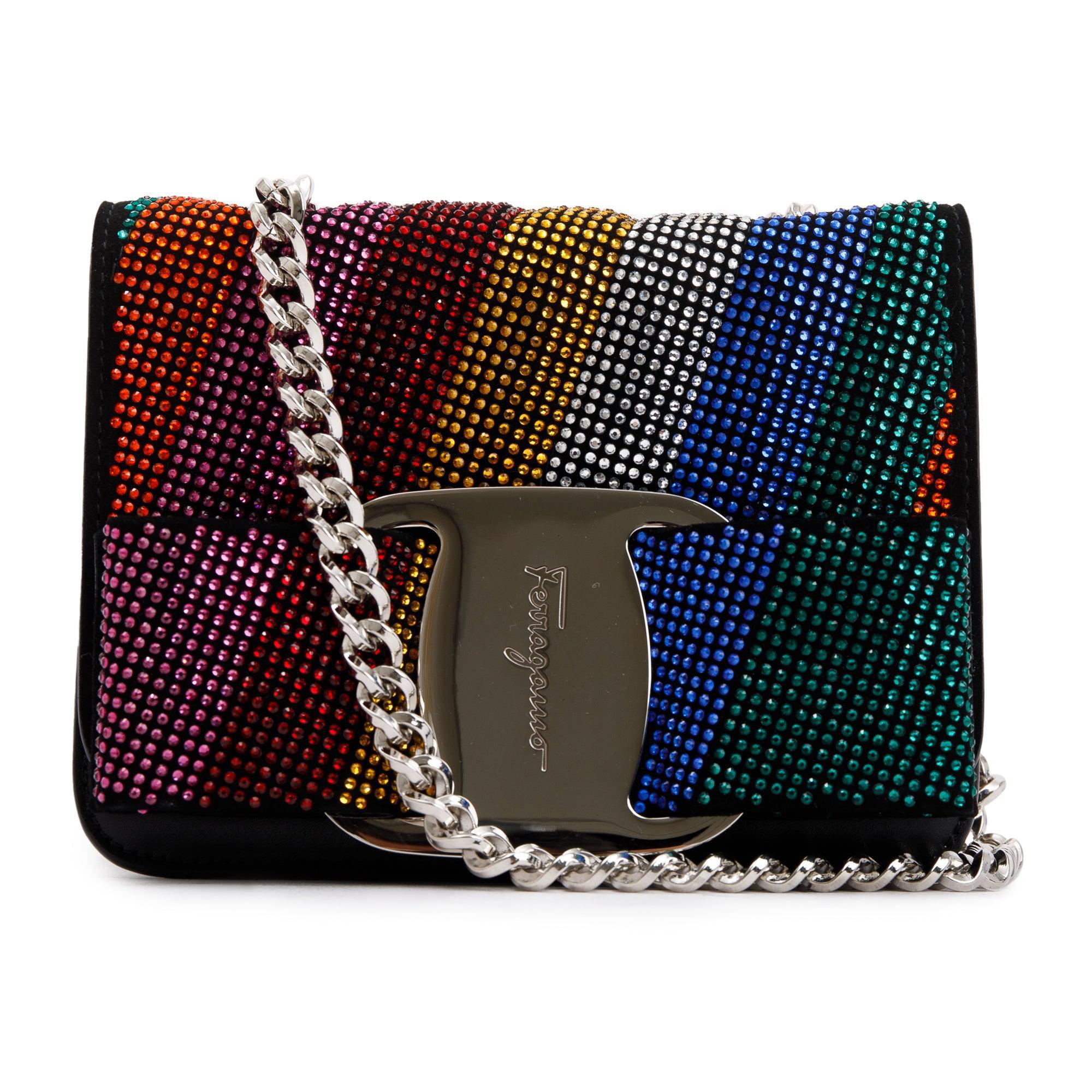 Ferragamo Black Calfskin Leather Crystal Embellished Mini Vara Rainbow Crossbody Bag w/ Box