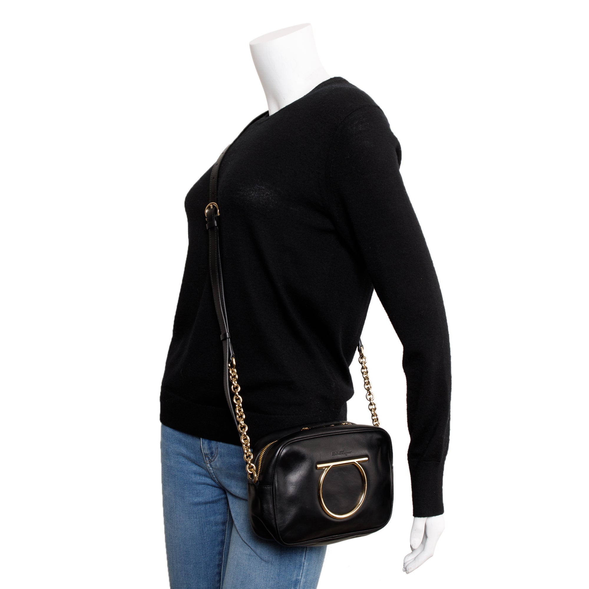 Ferragamo Black Calfskin Leather Gancio Vela Camera Crossbody Bag